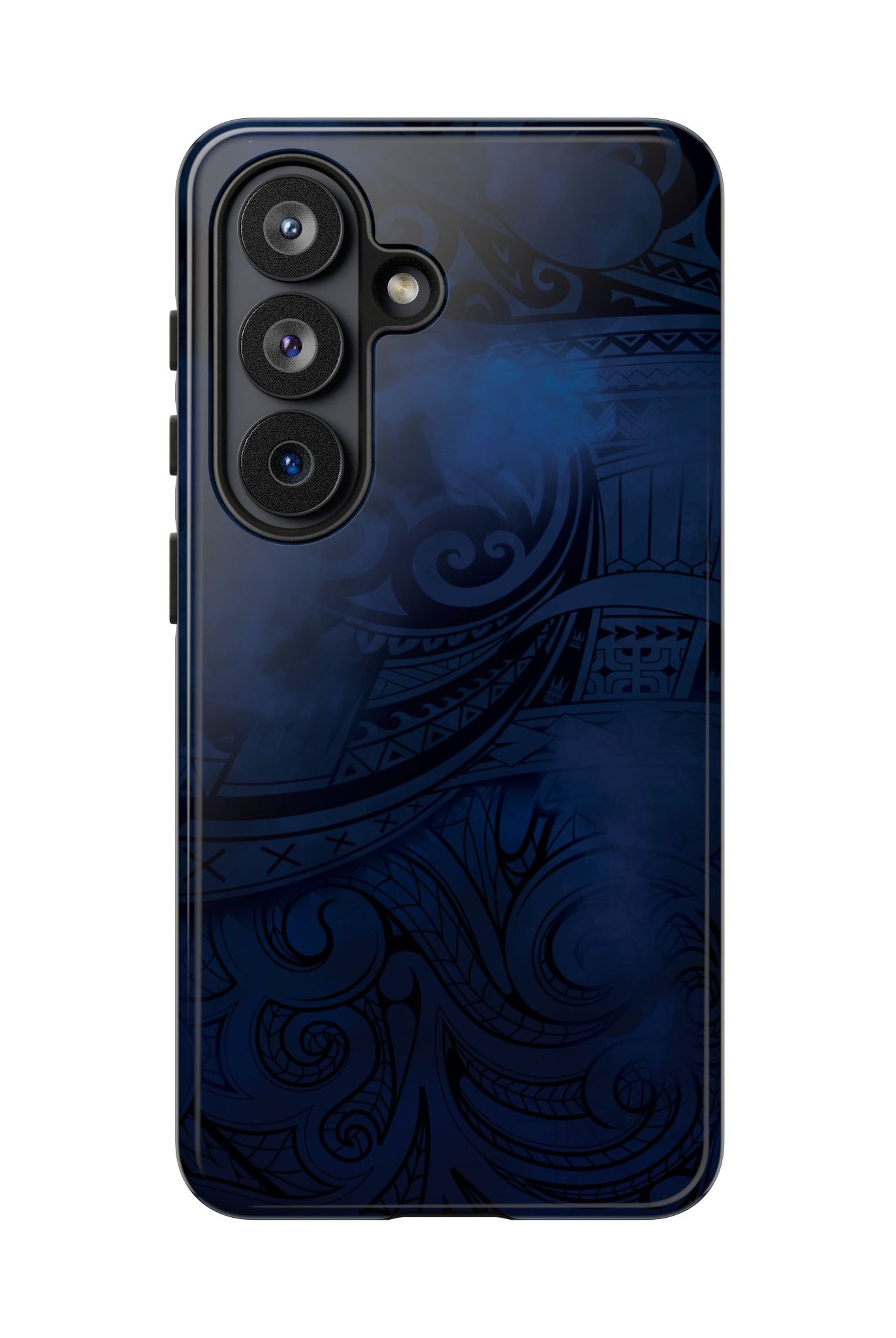 Woman holding Midnight Essence Tough Samsung Galaxy Case - Hawaiian Midnight Navy Polynesian Tribal Design - The Local Banyan