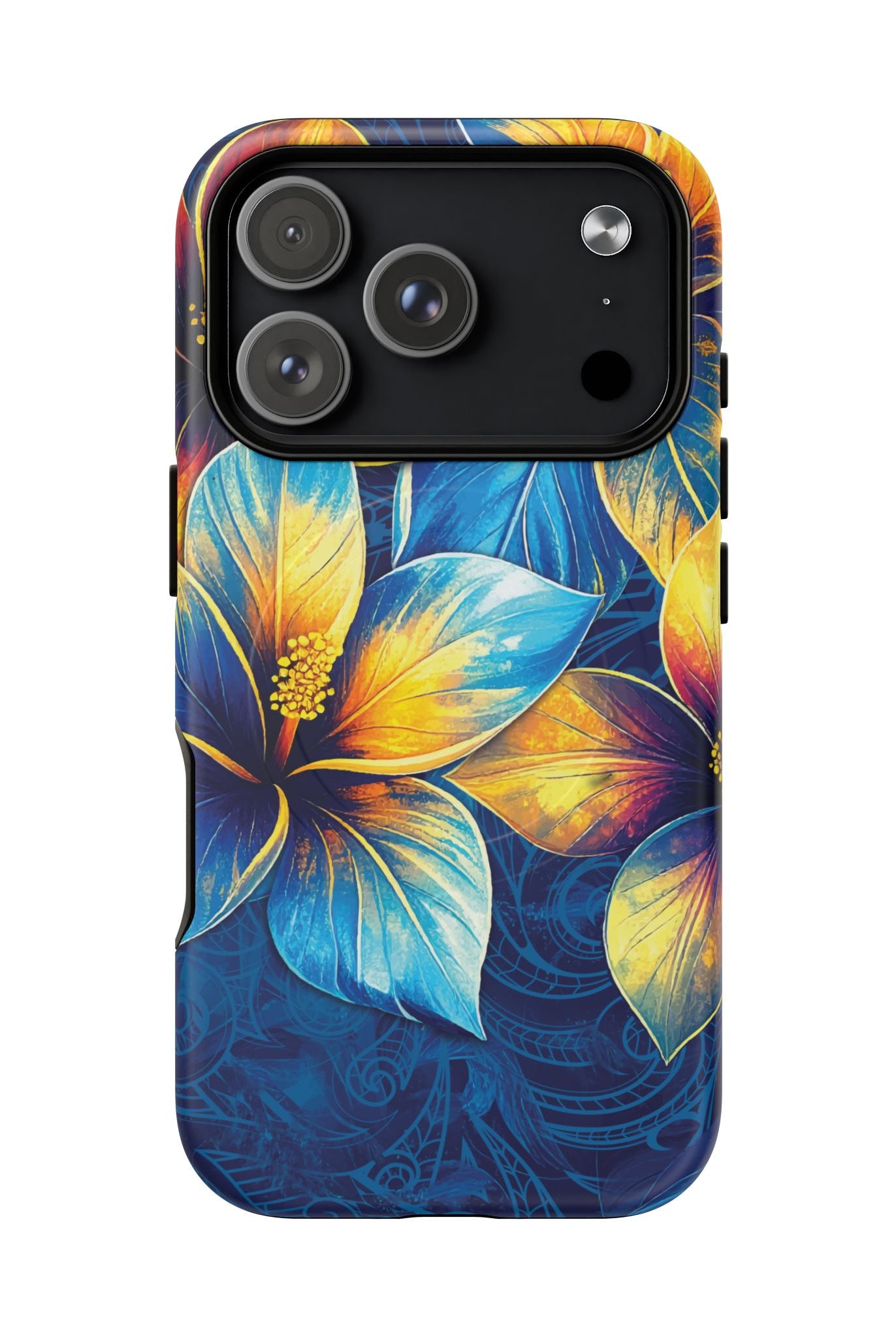 Pua La MagSafe iPhone Case Detail View - Hawaiian Golden Hibiscus Sun Flower Sapphire Design Close Up - The Local Banyan