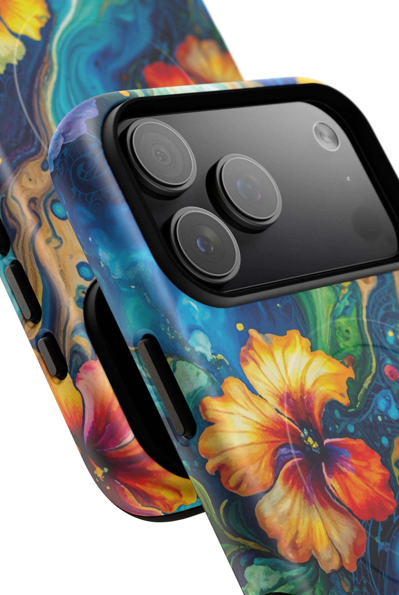 Woman holding Aloalo Drift MagSafe iPhone Case - Hawaiian Hibiscus Teal Ocean Wave Design - The Local Banyan