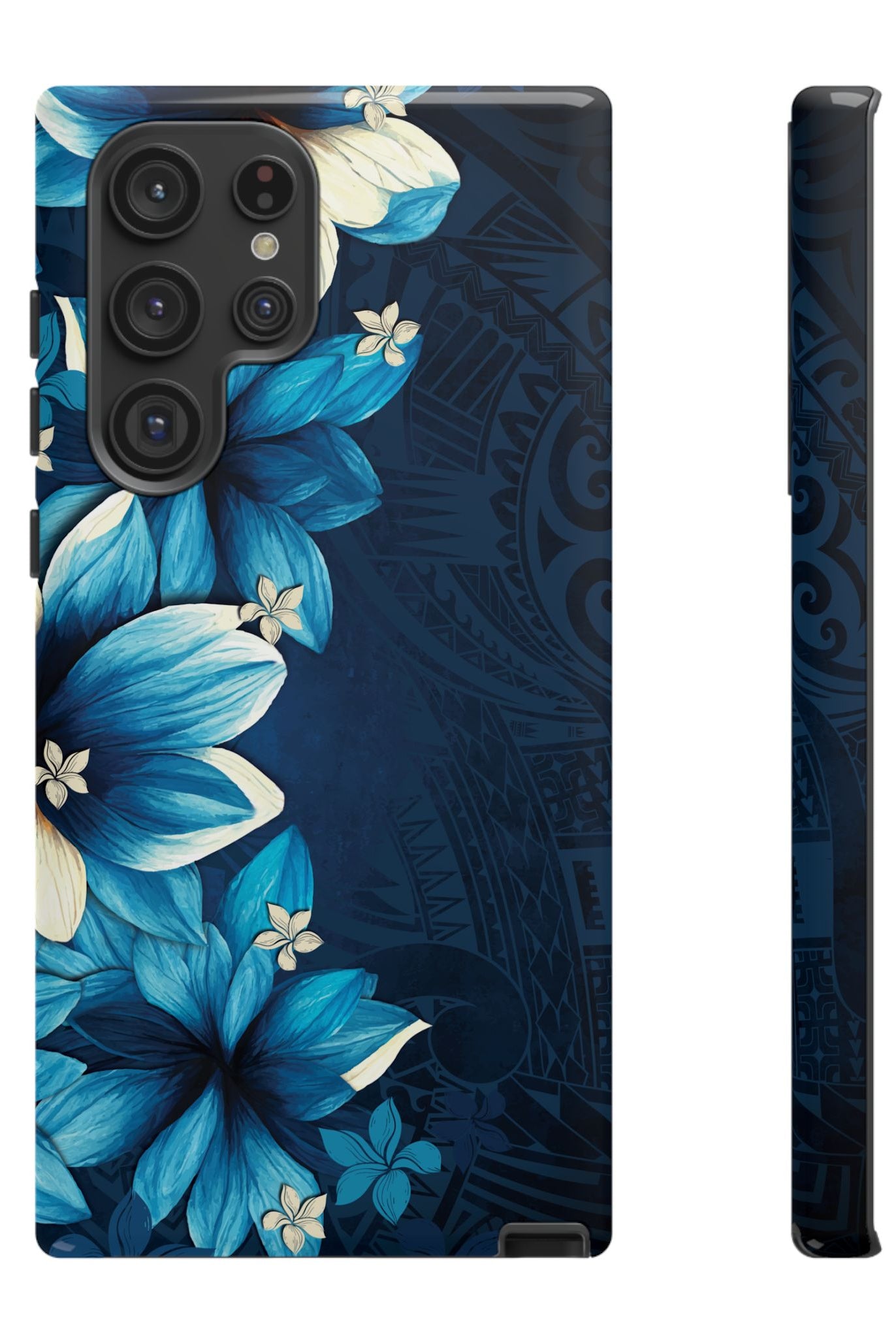 Leilani Nights Tough Samsung Galaxy Case Detail View - Hawaiian Dark Blue Floral Polynesian Design Close Up - The Local Banyan