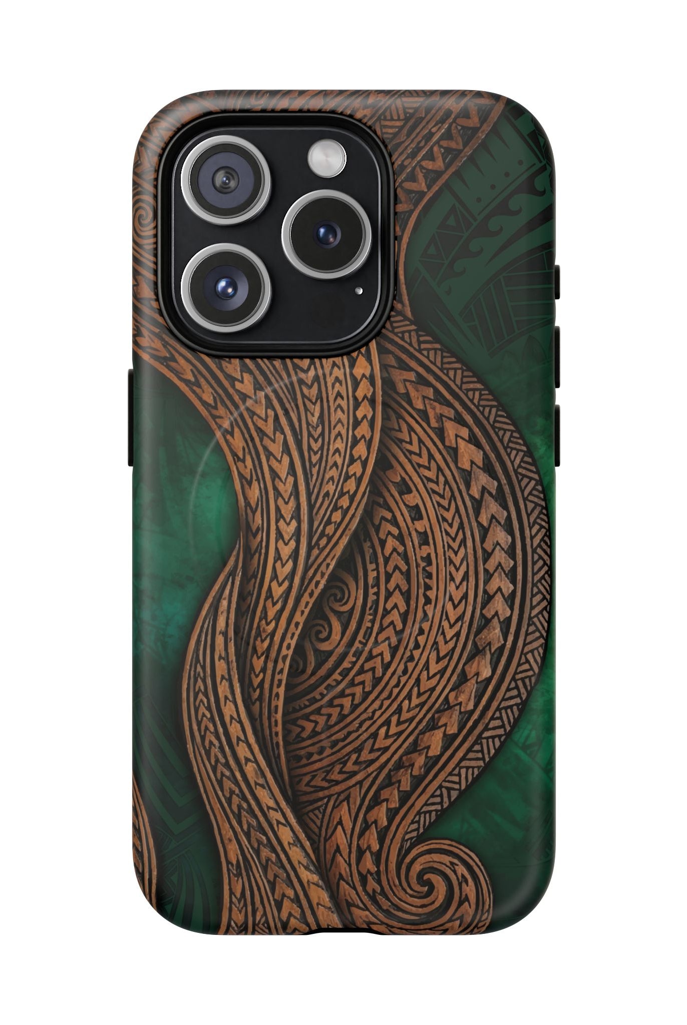 Island Kalai MagSafe iPhone Case iPhone 15 Pro Matte - Hawaiian Carved Wood Grain Emerald Green Tribal Design - The Local Banyan