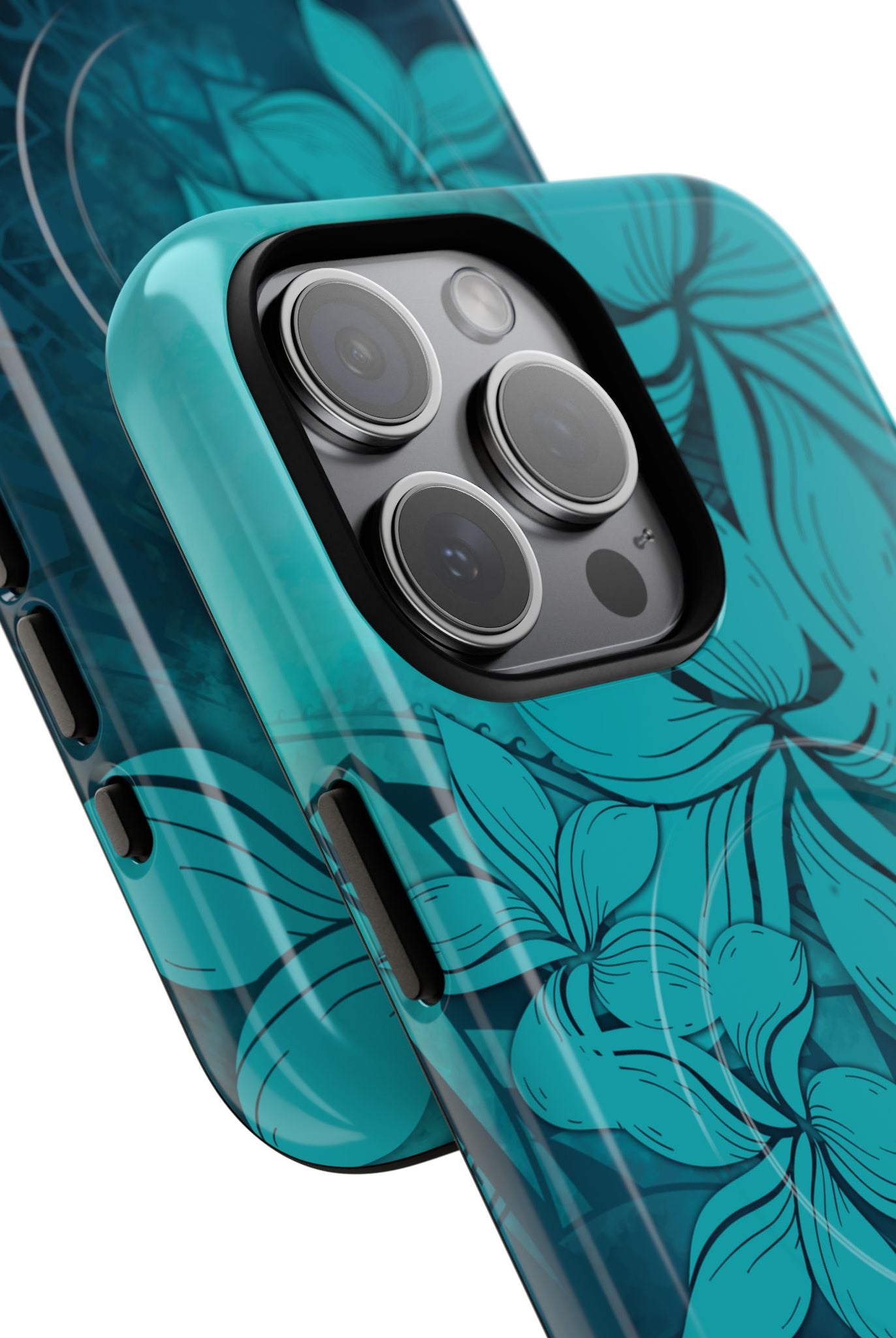 Moana Bloom MagSafe iPhone Case Detail View - Hawaiian Teal Plumeria Ocean Tribal Design Close Up - The Local Banyan