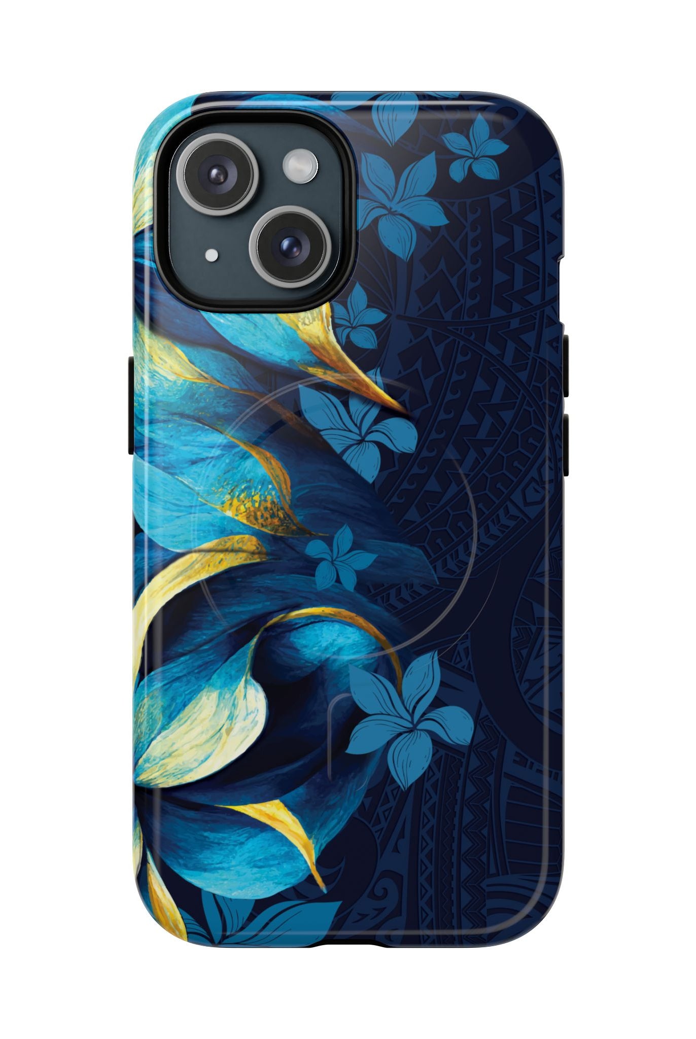 Po Mahina MagSafe iPhone Case iPhone 15 Glossy - Hawaiian Moonlit Teal Gold Floral Design - The Local Banyan