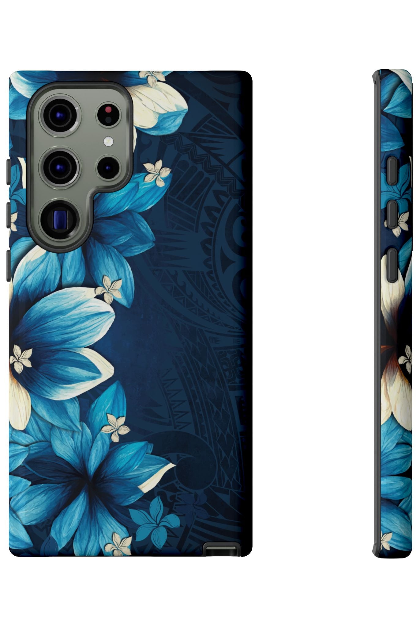 Leilani Nights Tough Samsung Galaxy Case Detail View - Hawaiian Dark Blue Floral Polynesian Design Close Up - The Local Banyan