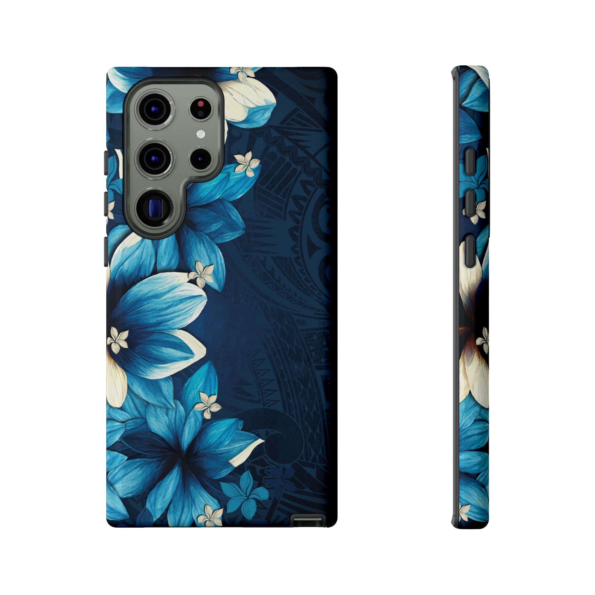 Leilani Nights Tough Samsung Galaxy Case Detail View - Hawaiian Dark Blue Floral Polynesian Design Close Up - The Local Banyan