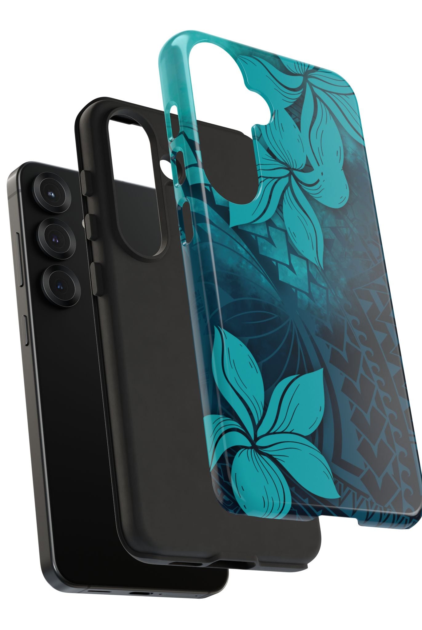 Woman holding Moana Bloom Tough Samsung Galaxy Case - Hawaiian Teal Plumeria Ocean Tribal Design - The Local Banyan