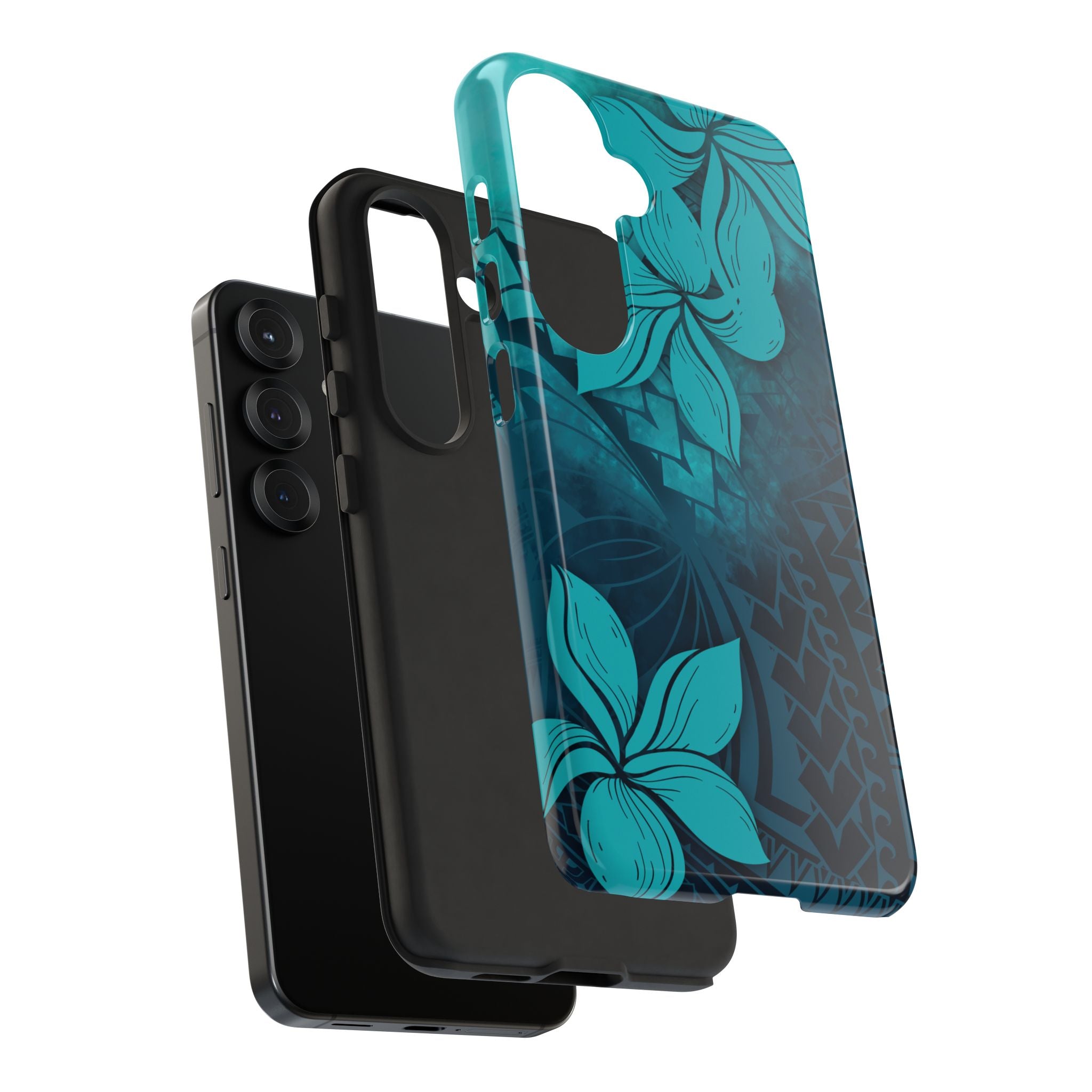 Woman holding Moana Bloom Tough Samsung Galaxy Case - Hawaiian Teal Plumeria Ocean Tribal Design - The Local Banyan