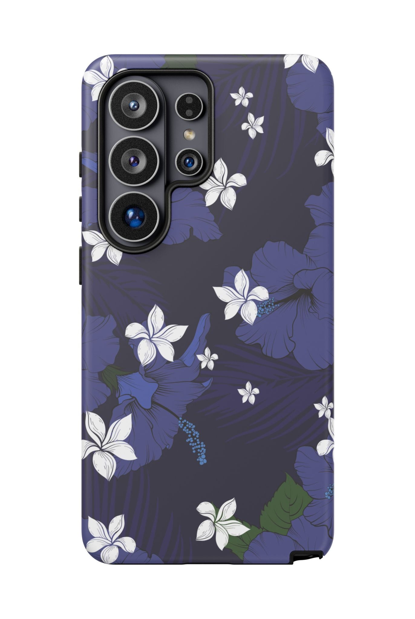 Vintage Blue Tough Samsung Galaxy Case Samsung Galaxy S26 Ultra Matte - Hawaiian Indigo Hibiscus White Plumeria Design - The Local Banyan