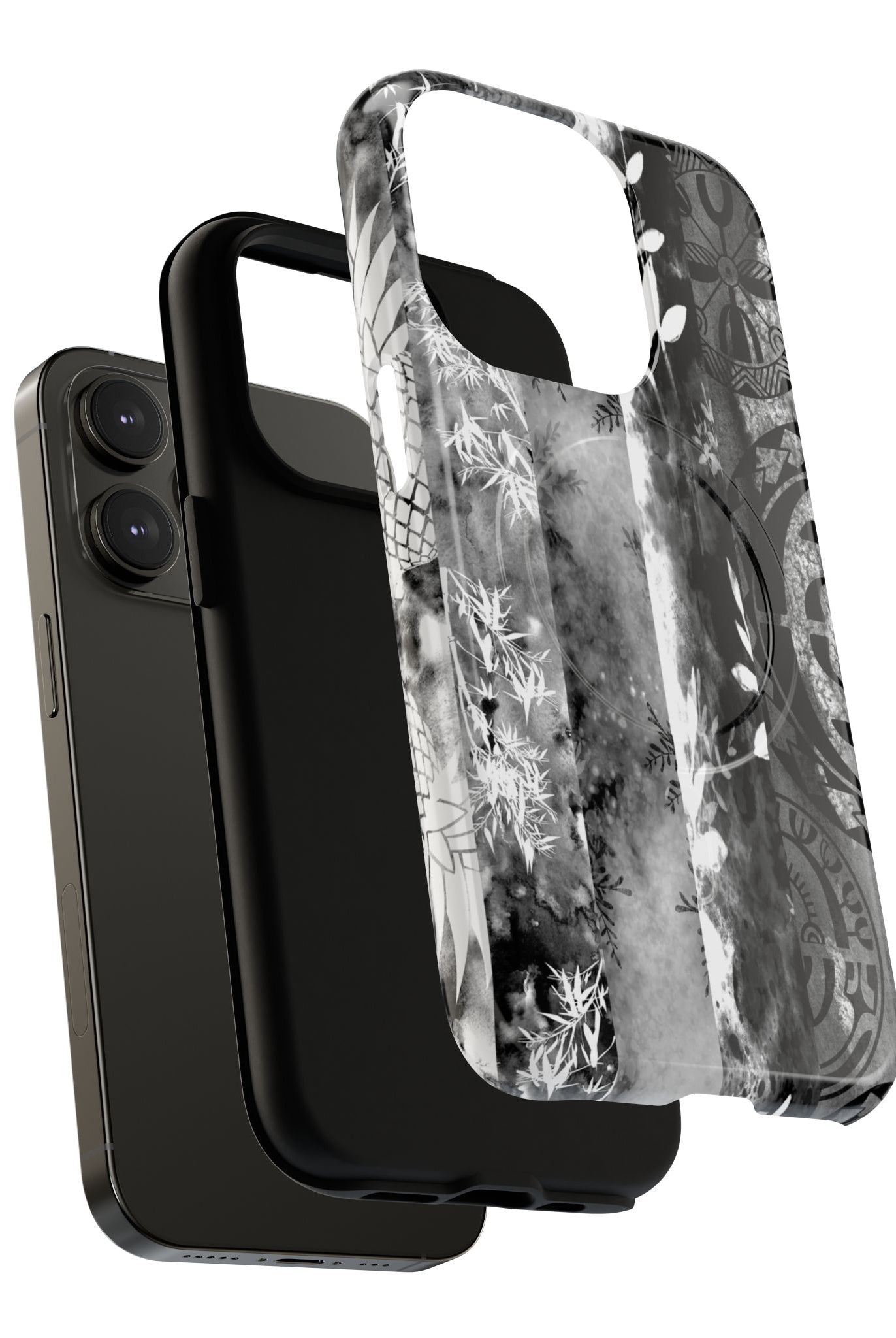 Monochrome Oasis MagSafe iPhone Case Detail View - Hawaiian Black White Botanical Tribal Design Close Up - The Local Banyan