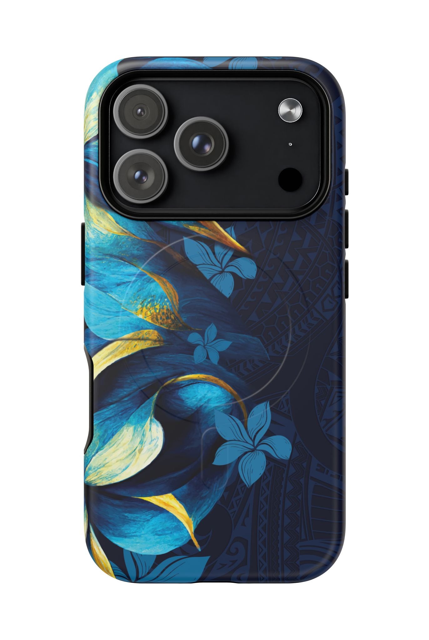 Po Mahina MagSafe iPhone Case Detail View - Hawaiian Moonlit Teal Gold Floral Design Close Up - The Local Banyan