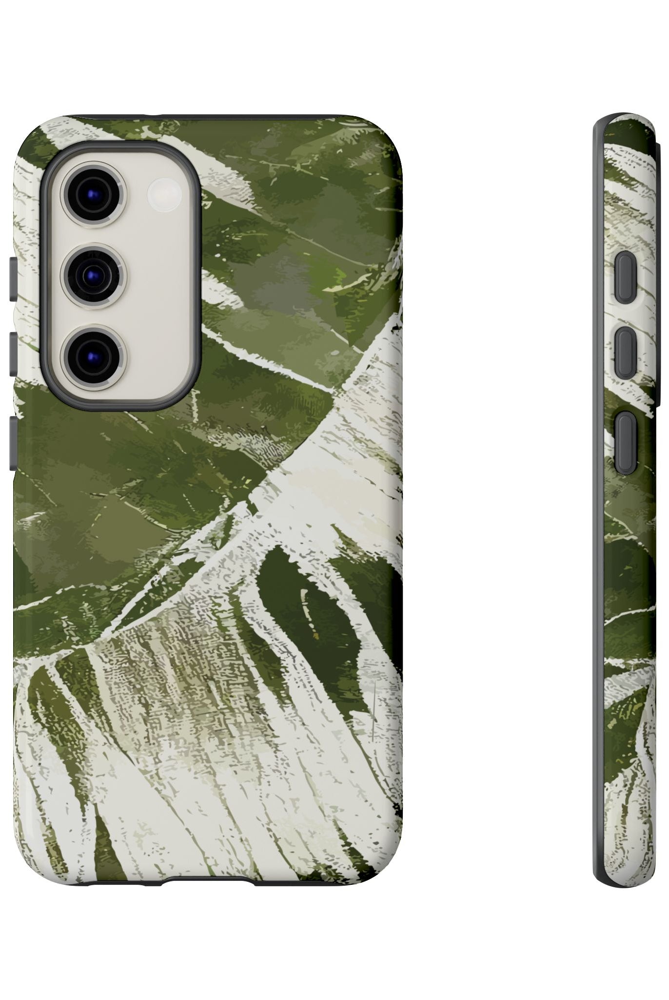 Woman holding Island Breeze Tough Samsung Galaxy Case - Hawaiian Palm Leaf Olive Green Botanical Design - The Local Banyan
