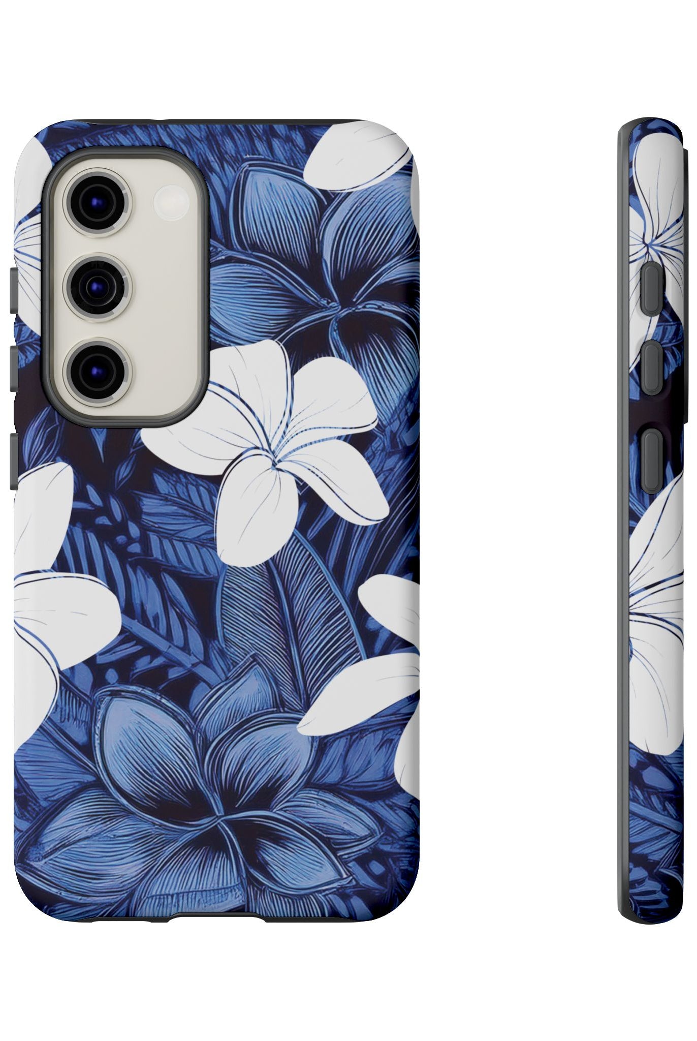Eternal Blue Plumeria Tough Samsung Galaxy Case Detail View - Hawaiian Blue Plumeria Ocean Floral Design Close Up - The Local Banyan