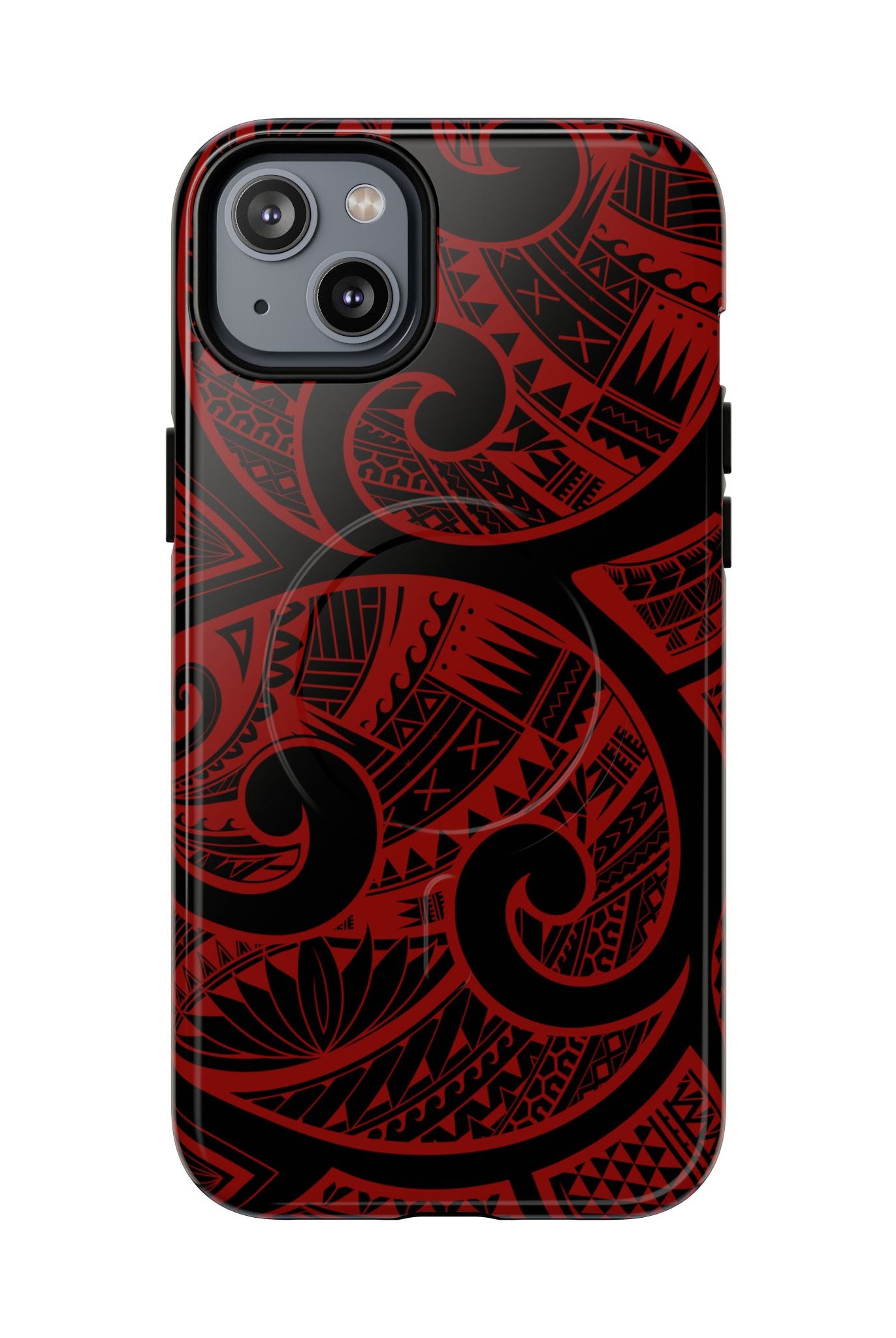 Island Tribal MagSafe iPhone Case iPhone 14 Plus Glossy - Hawaiian Crimson Red Polynesian Tribal Design - The Local Banyan