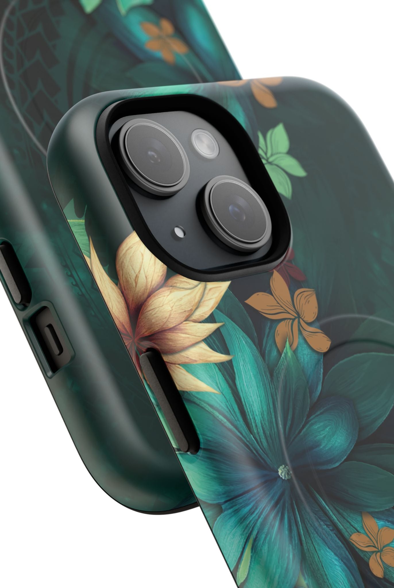 Woman holding Aloha Whispers MagSafe iPhone Case - Hawaiian Abstract Green Floral Polynesian Design - The Local Banyan