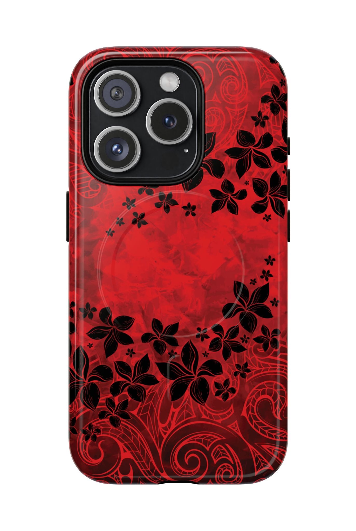 Keahi Pua MagSafe iPhone Case iPhone 15 Pro Glossy - Hawaiian Fire Flower Red Tribal Floral Design - The Local Banyan