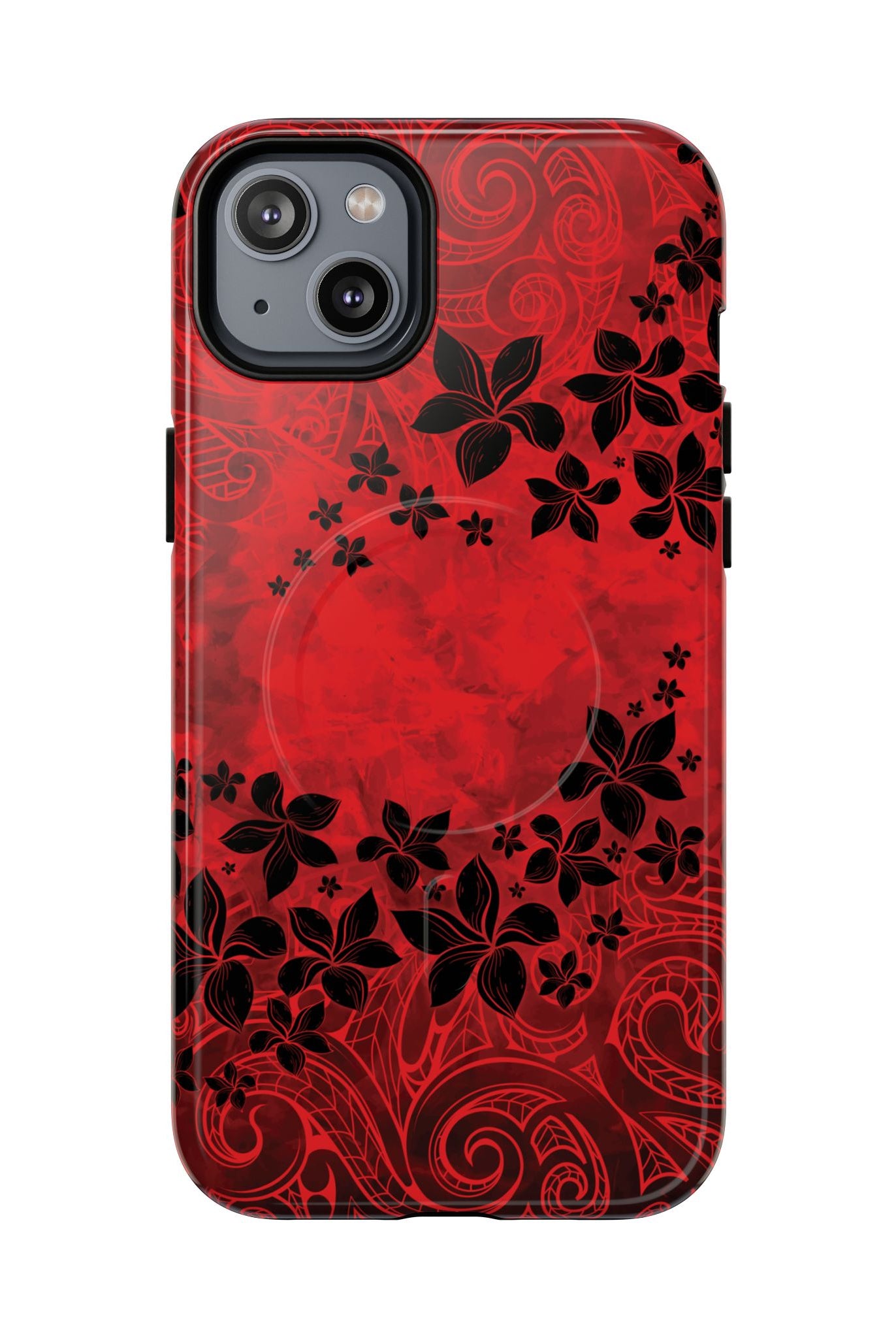Keahi Pua MagSafe iPhone Case iPhone 14 Plus Glossy - Hawaiian Fire Flower Red Tribal Floral Design - The Local Banyan