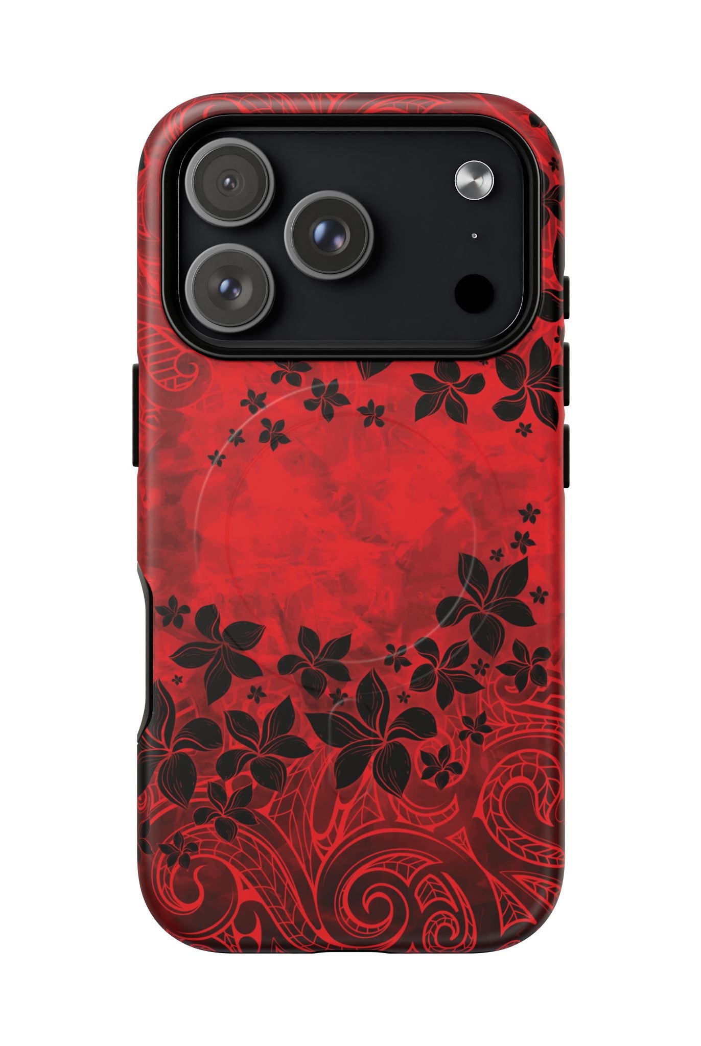 Woman holding Keahi Pua MagSafe iPhone Case - Hawaiian Fire Flower Red Tribal Floral Design - The Local Banyan