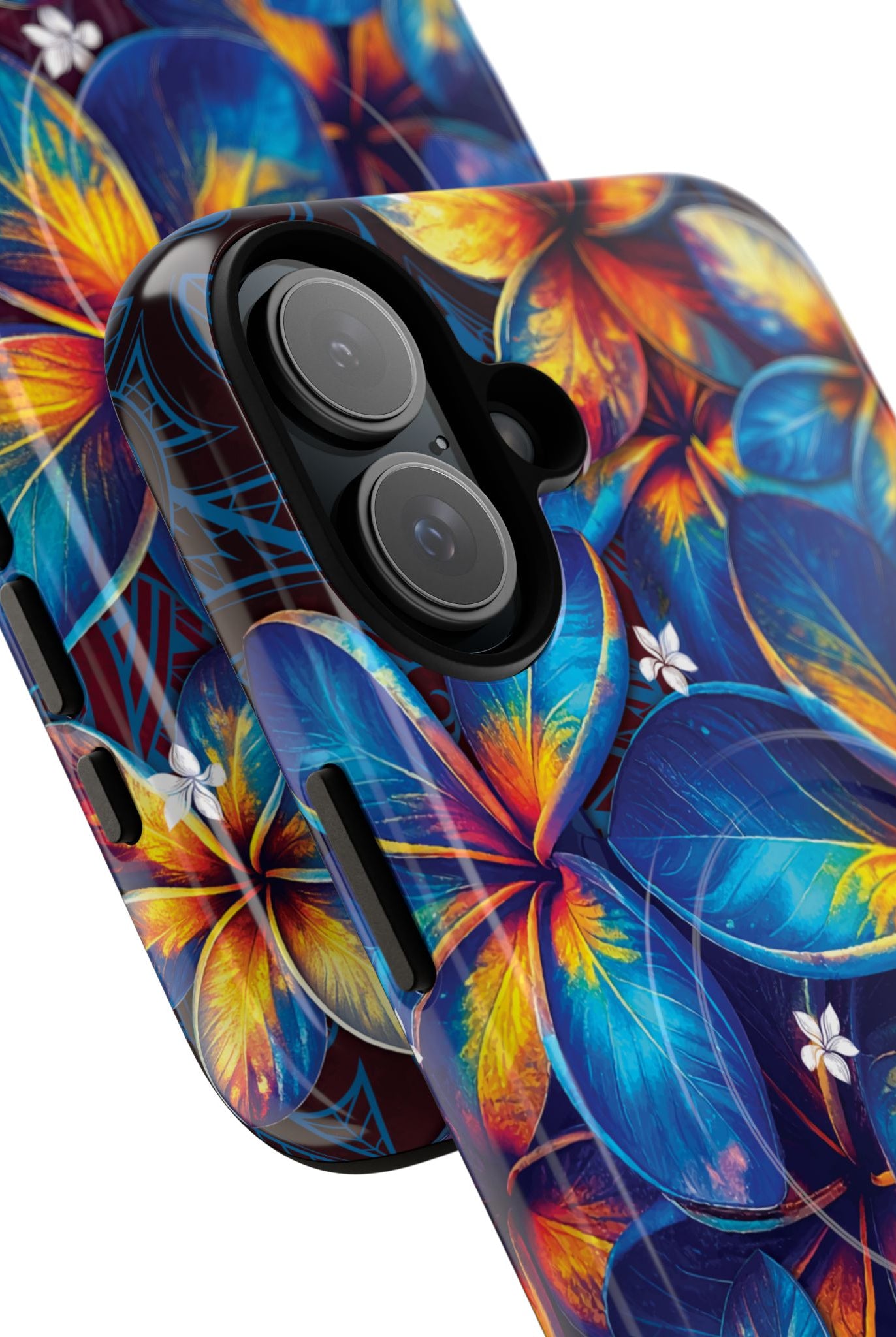 Nohea Twilight MagSafe iPhone Case Detail View - Hawaiian Blue Orange Plumeria Twilight Design Close Up - The Local Banyan