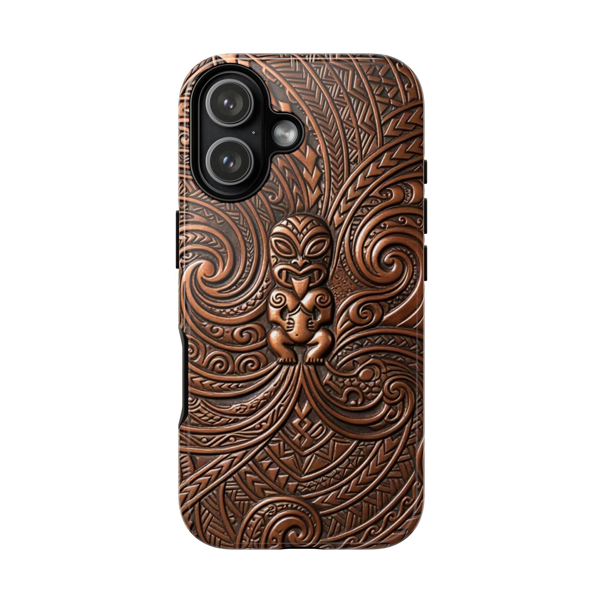 Paa Guardian Tough iPhone Case Detail View - Hawaiian Copper Carved Tiki Polynesian Design Close Up - The Local Banyan