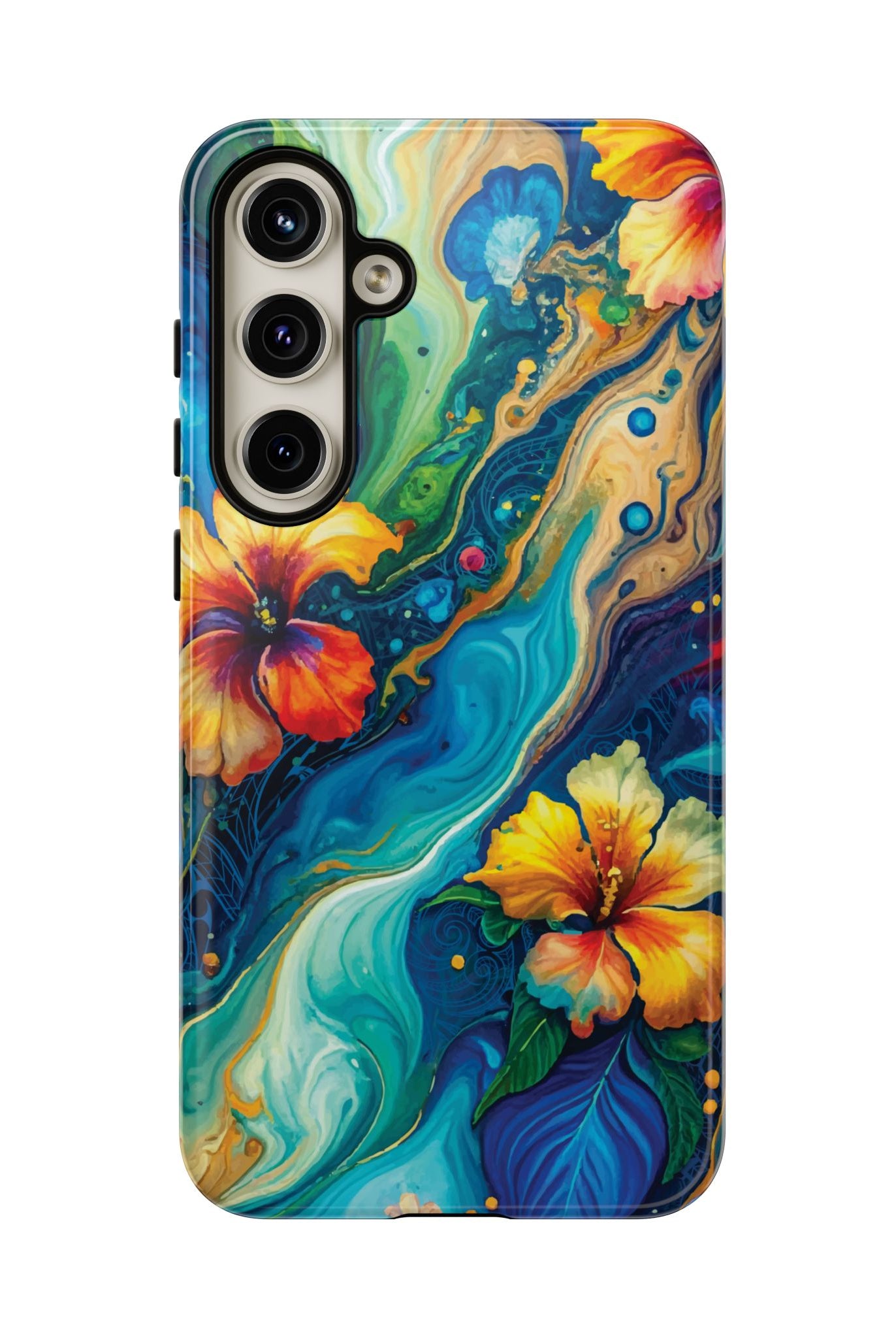 Aloalo Drift Tough Samsung Galaxy Case Detail View - Hawaiian Hibiscus Teal Ocean Wave Design Close Up - The Local Banyan