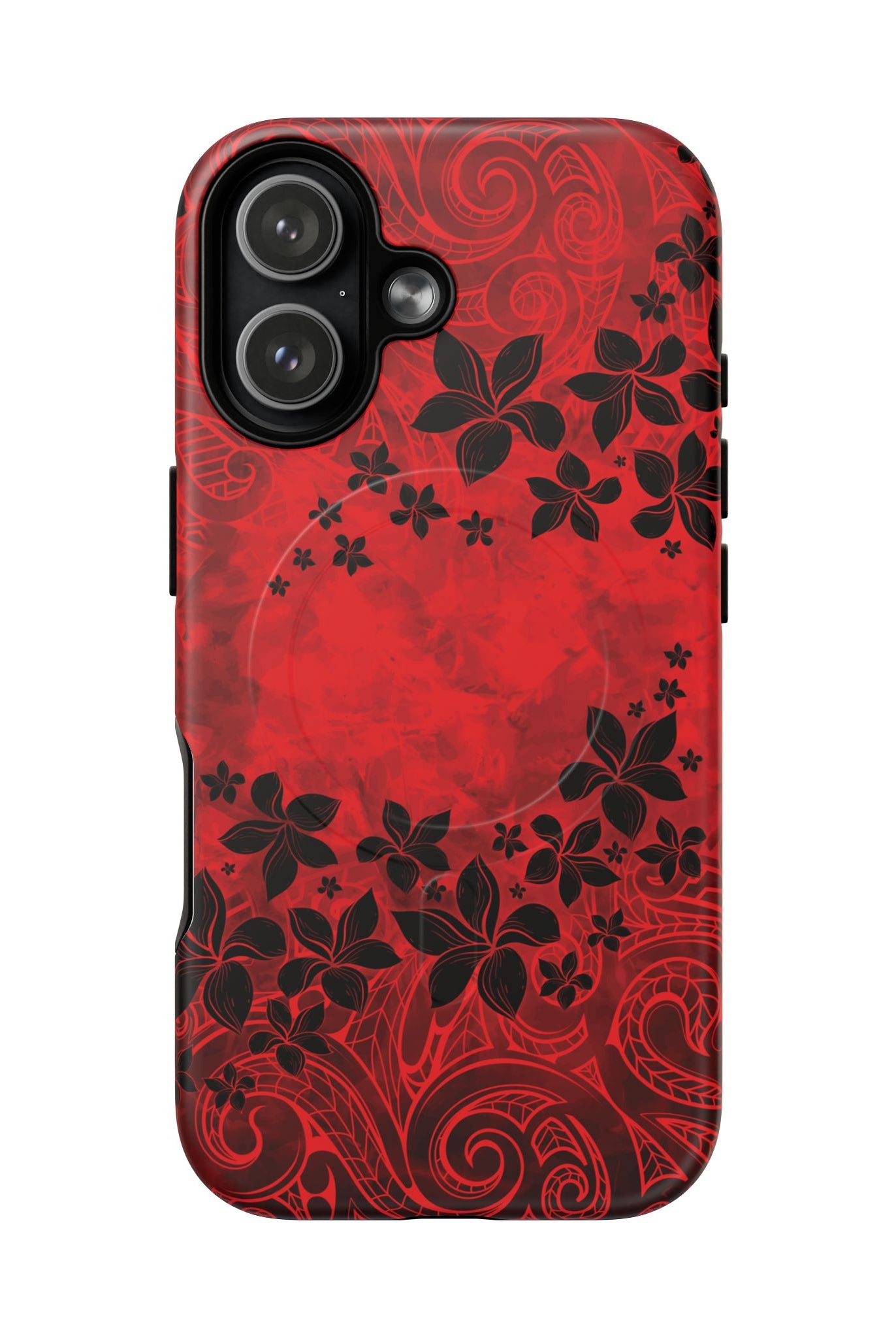 Keahi Pua MagSafe iPhone Case Detail View - Hawaiian Fire Flower Red Tribal Floral Design Close Up - The Local Banyan