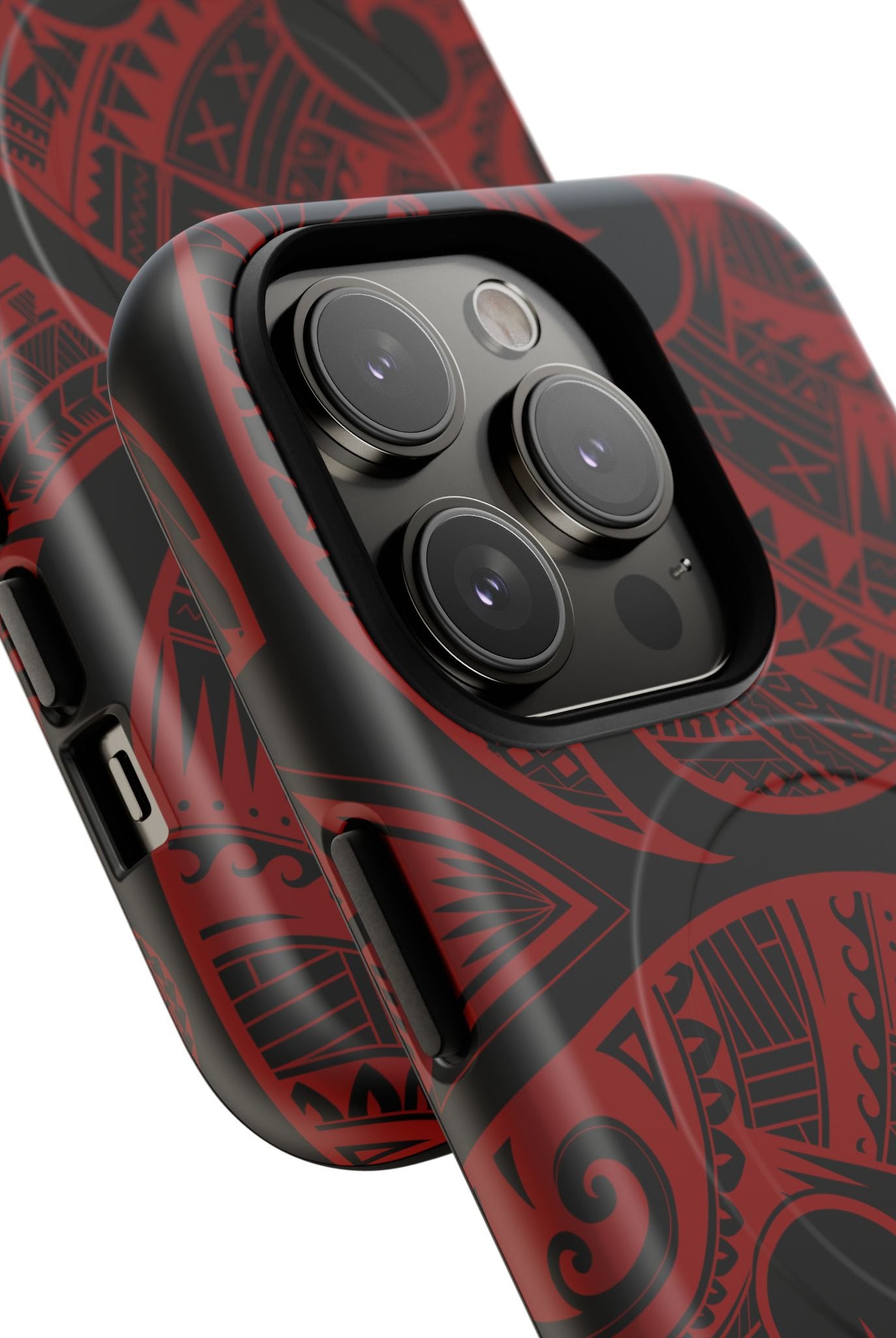 Woman holding Island Tribal MagSafe iPhone Case - Hawaiian Crimson Red Polynesian Tribal Design - The Local Banyan