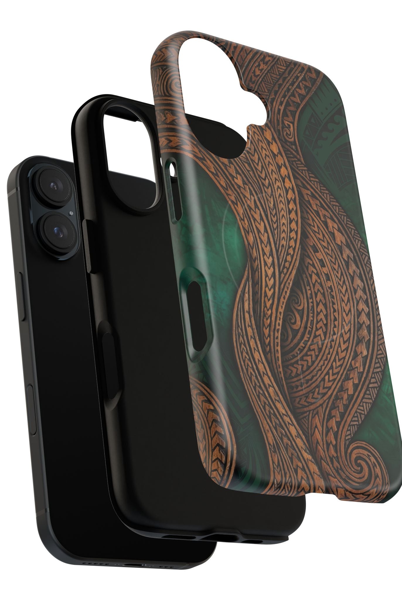 Woman holding Island Kalai MagSafe iPhone Case - Hawaiian Carved Wood Grain Emerald Green Tribal Design - The Local Banyan