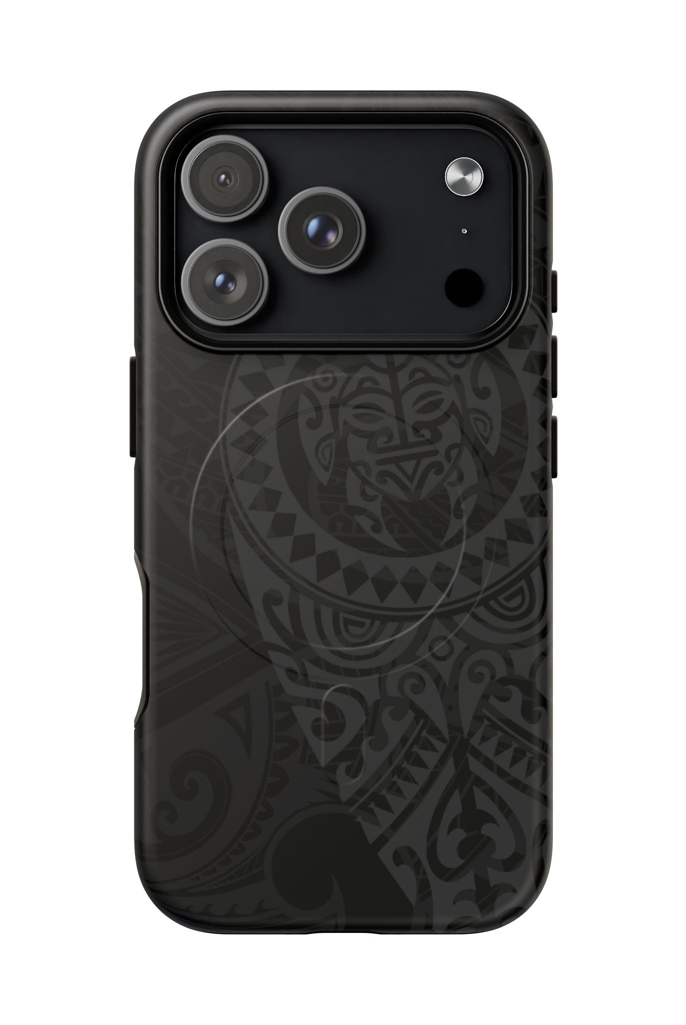 Tribal Guardian MagSafe iPhone Case Detail View - Hawaiian Black on Black Polynesian Tribal Design Close Up - The Local Banyan