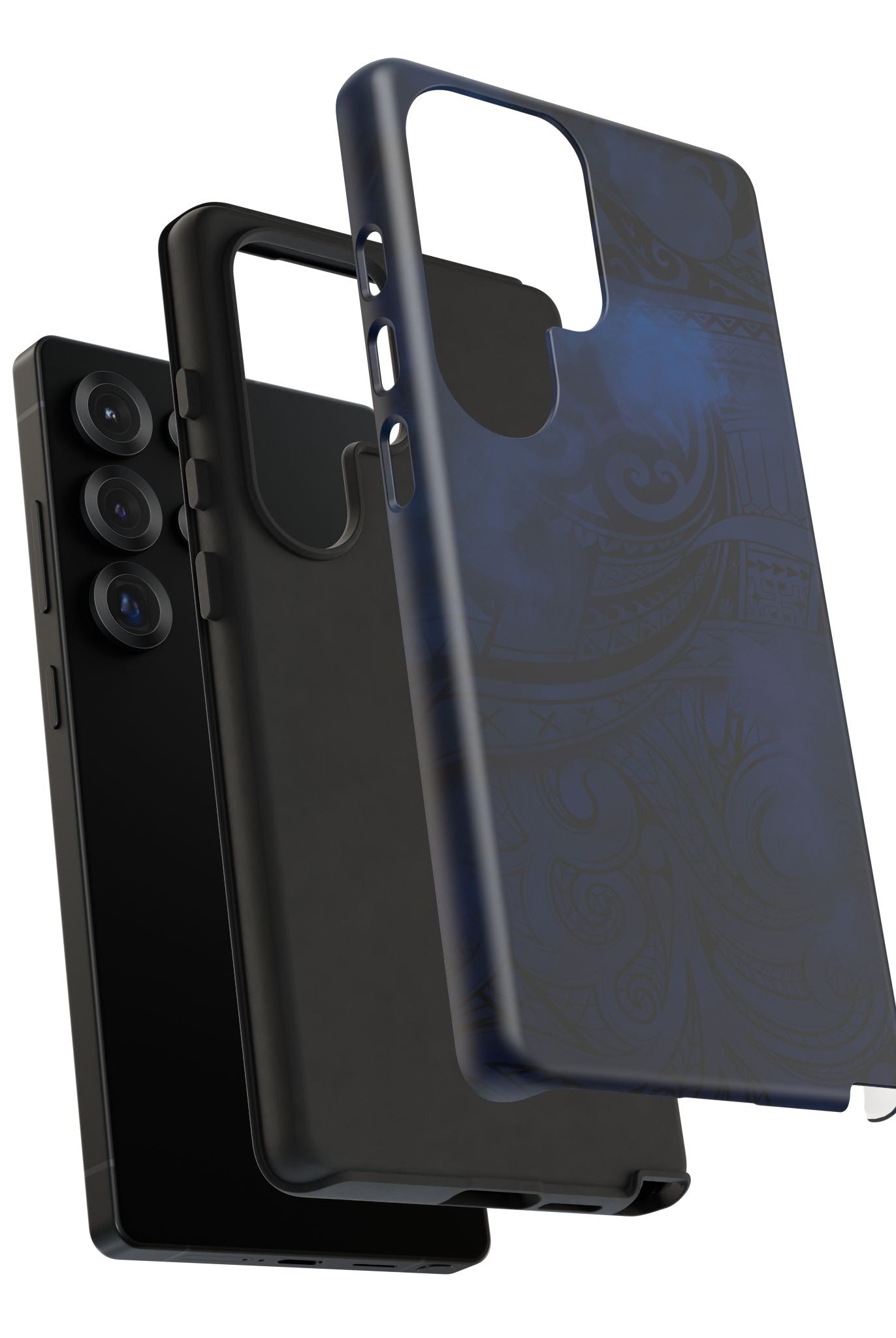 Woman holding Midnight Essence Tough Samsung Galaxy Case - Hawaiian Midnight Navy Polynesian Tribal Design - The Local Banyan
