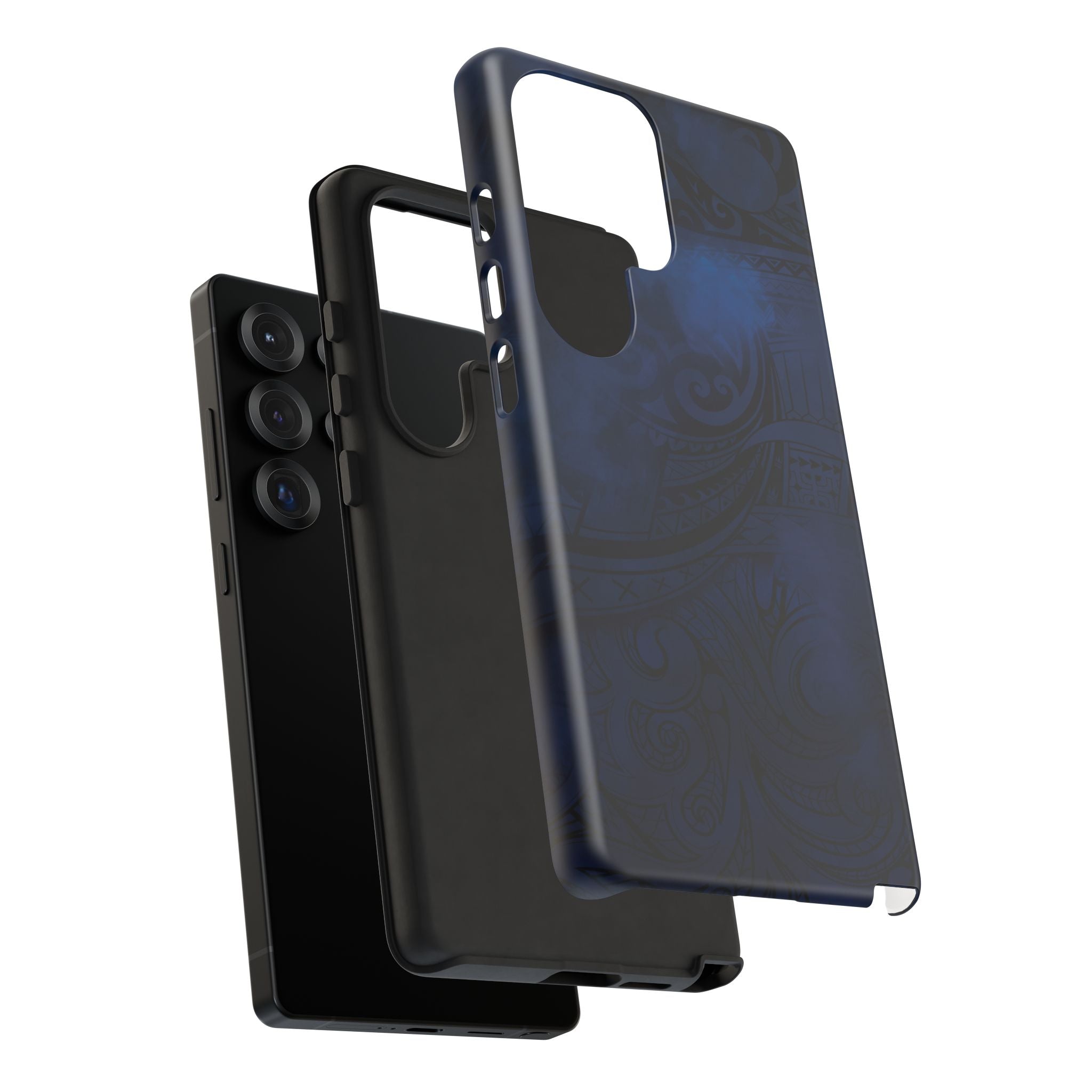 Woman holding Midnight Essence Tough Samsung Galaxy Case - Hawaiian Midnight Navy Polynesian Tribal Design - The Local Banyan