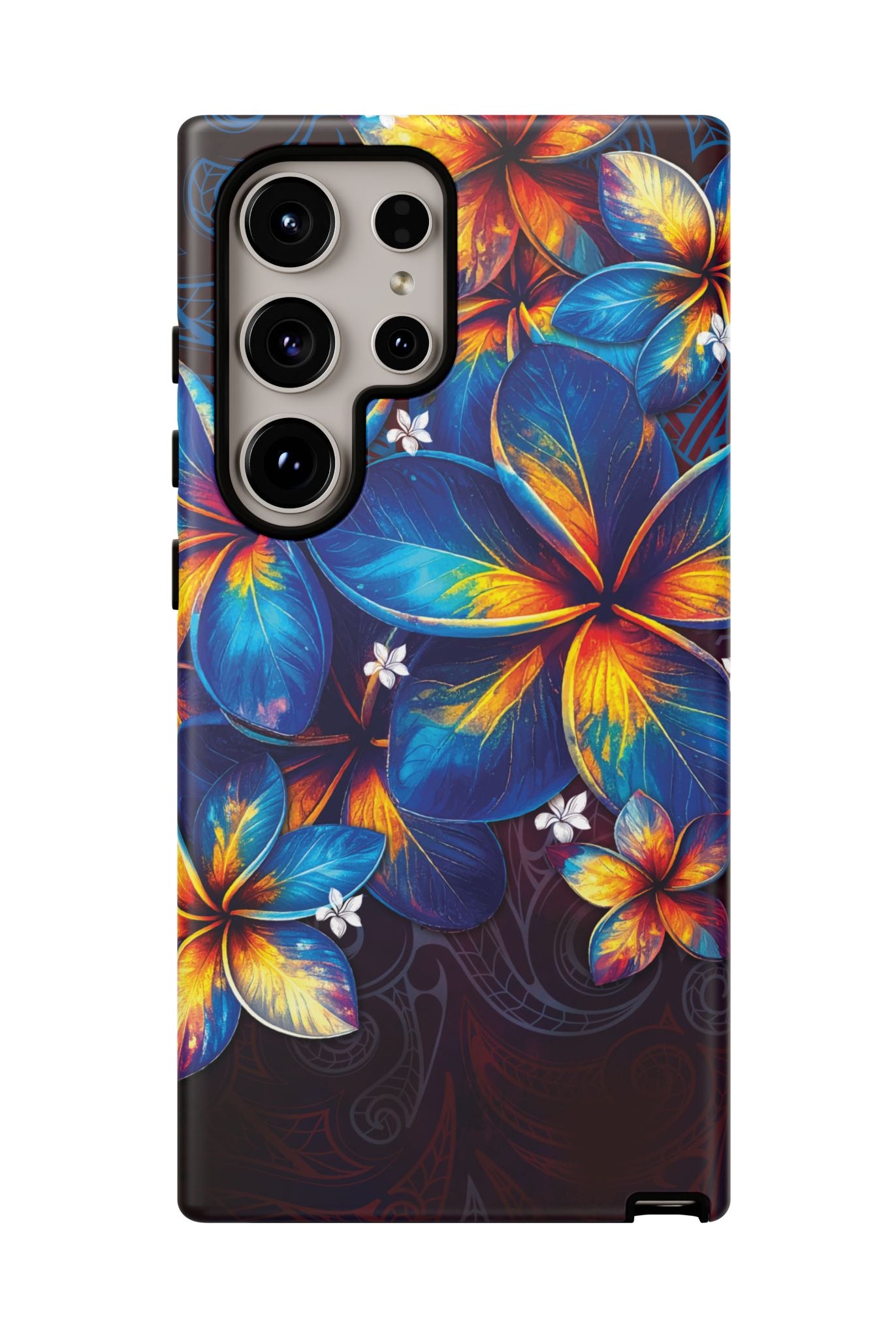 Woman holding Nohea Twilight Tough Samsung Galaxy Case - Hawaiian Blue Orange Plumeria Twilight Design - The Local Banyan