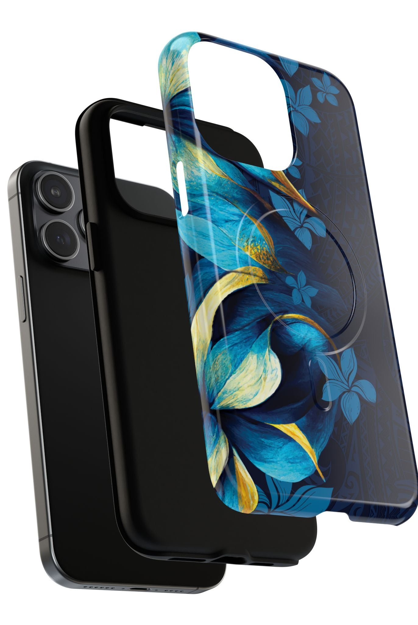 Woman holding Po Mahina MagSafe iPhone Case - Hawaiian Moonlit Teal Gold Floral Design - The Local Banyan