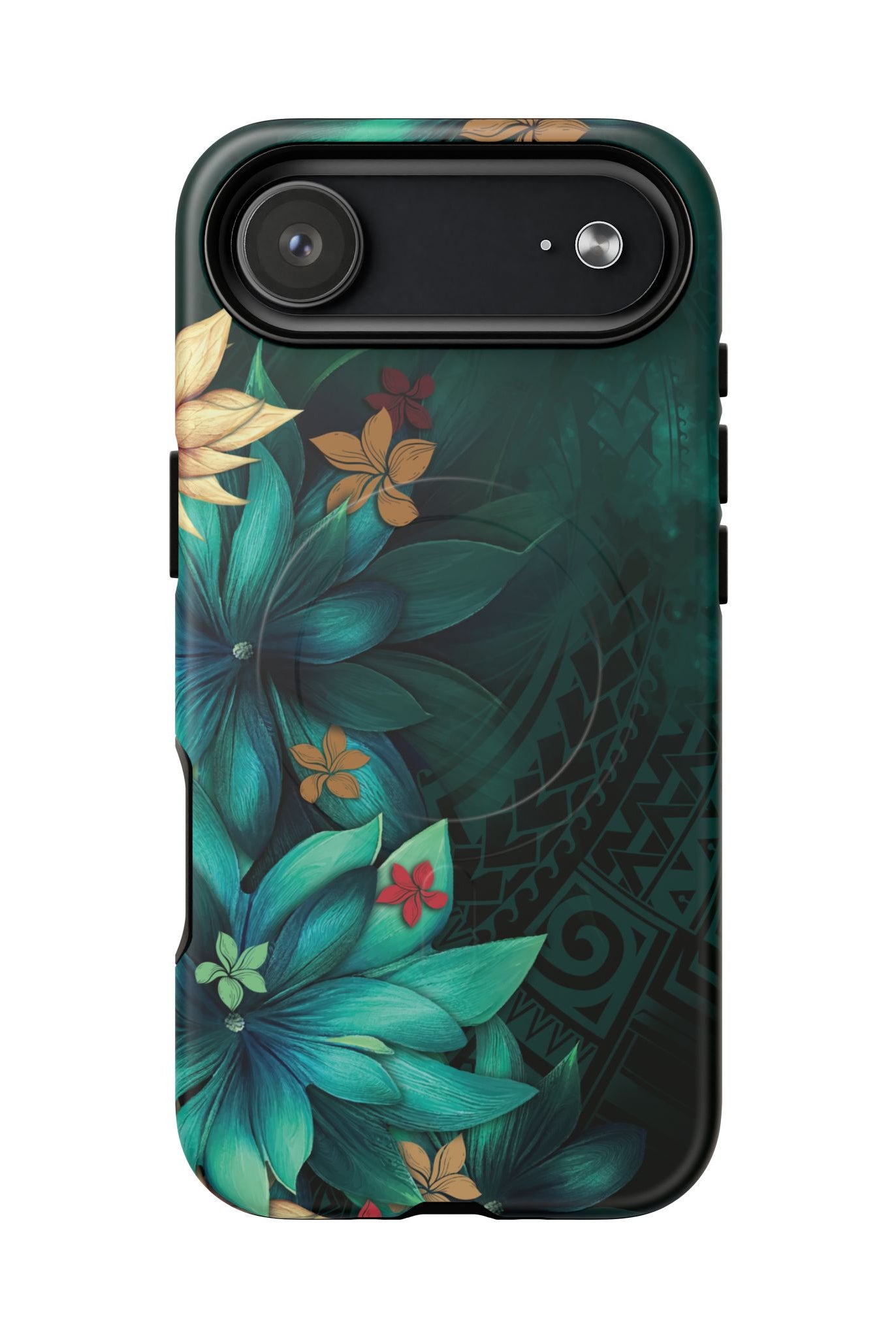 Aloha Whispers MagSafe iPhone Case Detail View - Hawaiian Abstract Green Floral Polynesian Design Close Up - The Local Banyan