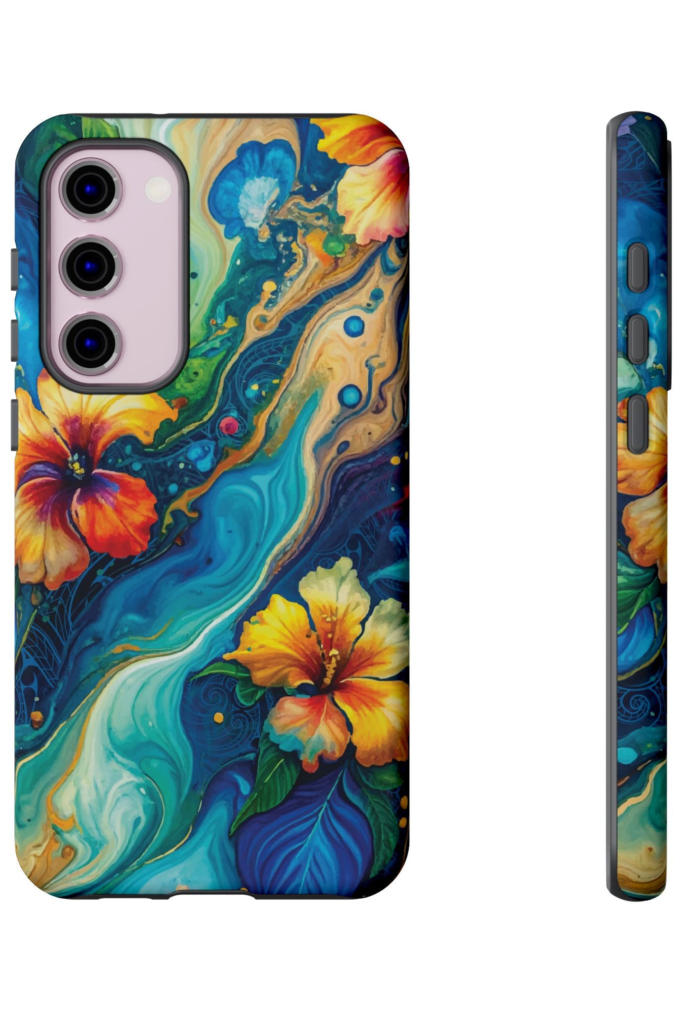 Woman holding Aloalo Drift Tough Samsung Galaxy Case - Hawaiian Hibiscus Teal Ocean Wave Design - The Local Banyan