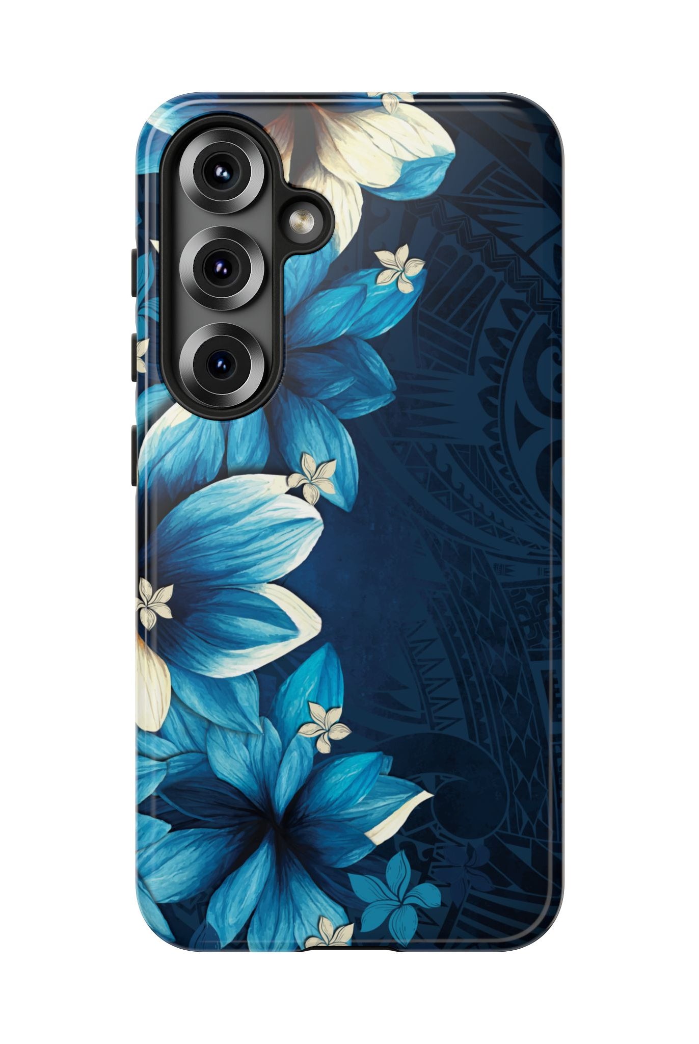 Woman holding Leilani Nights Tough Samsung Galaxy Case - Hawaiian Dark Blue Floral Polynesian Design - The Local Banyan