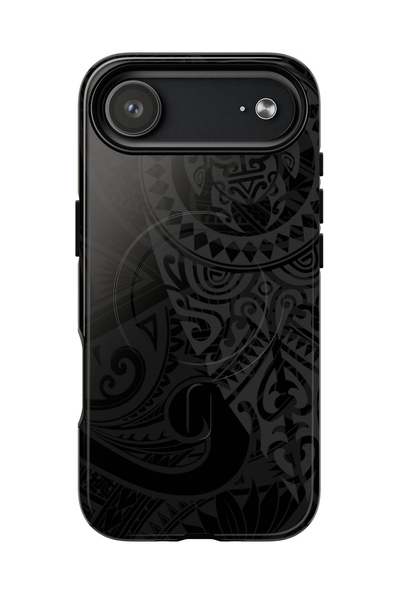 Tribal Guardian MagSafe iPhone Case Detail View - Hawaiian Black on Black Polynesian Tribal Design Close Up - The Local Banyan