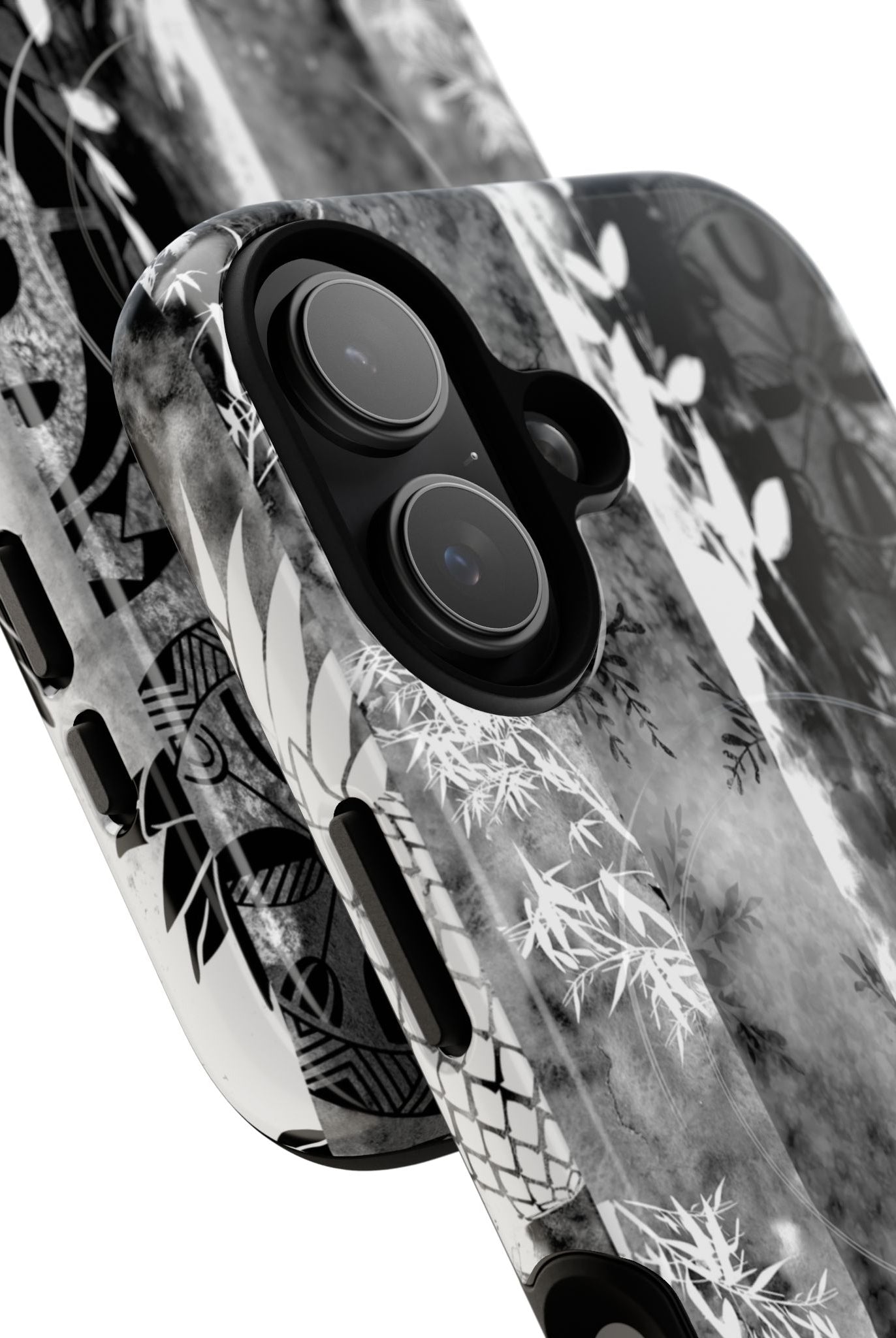 Monochrome Oasis MagSafe iPhone Case Detail View - Hawaiian Black White Botanical Tribal Design Close Up - The Local Banyan