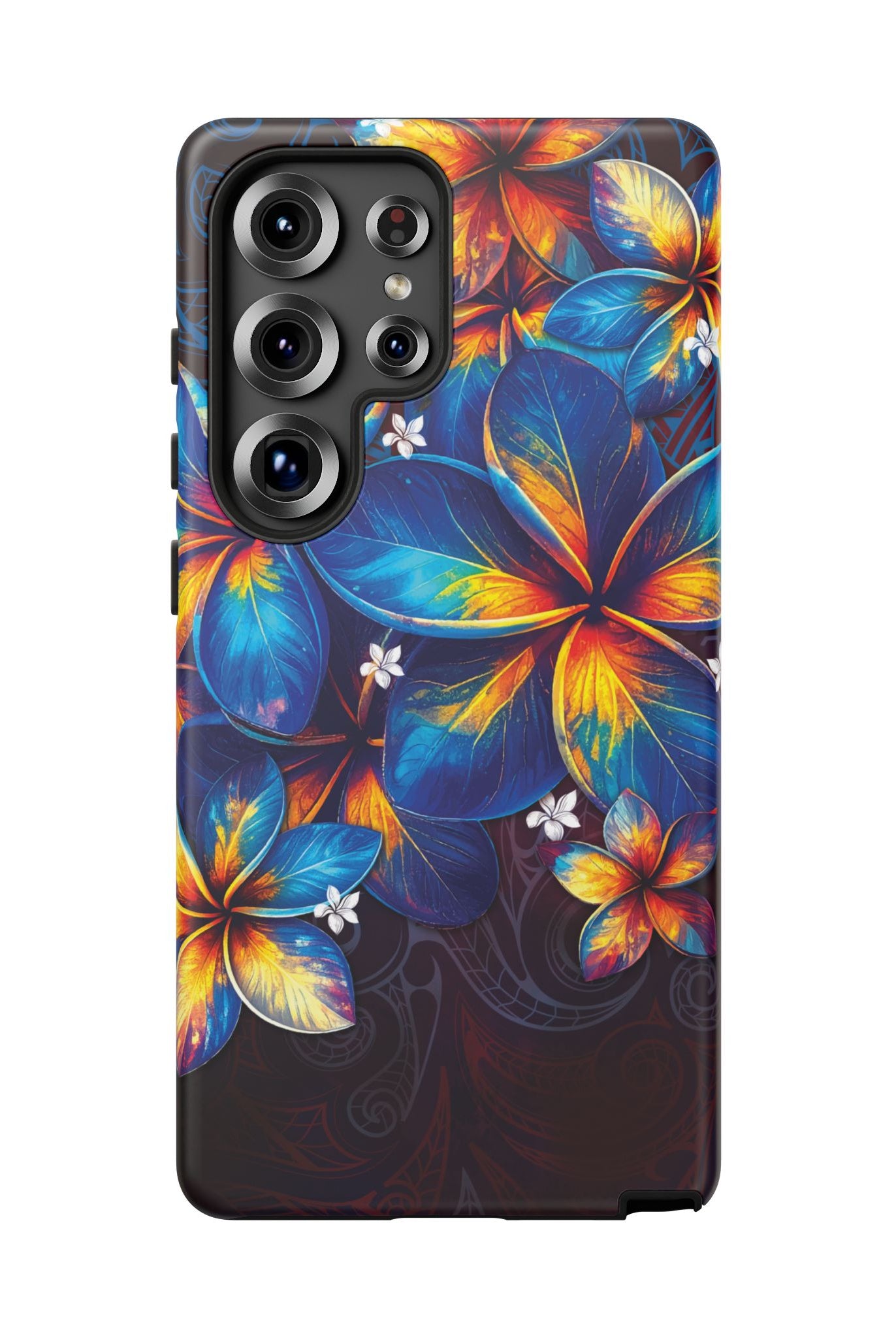 Woman holding Nohea Twilight Tough Samsung Galaxy Case - Hawaiian Blue Orange Plumeria Twilight Design - The Local Banyan