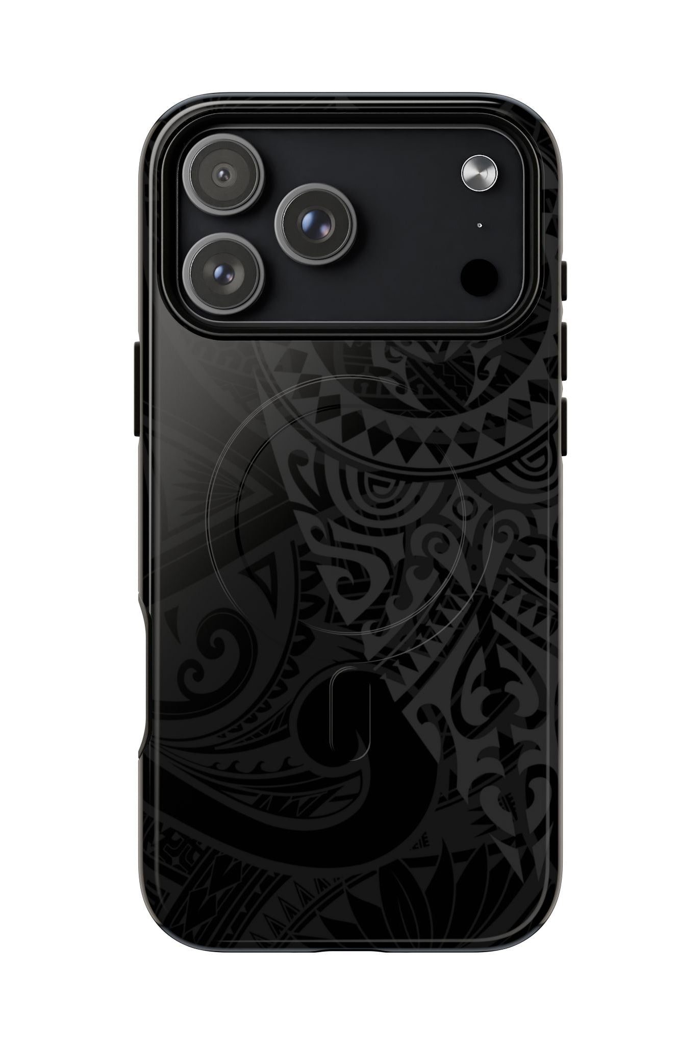 Woman holding Tribal Guardian MagSafe iPhone Case - Hawaiian Black on Black Polynesian Tribal Design - The Local Banyan