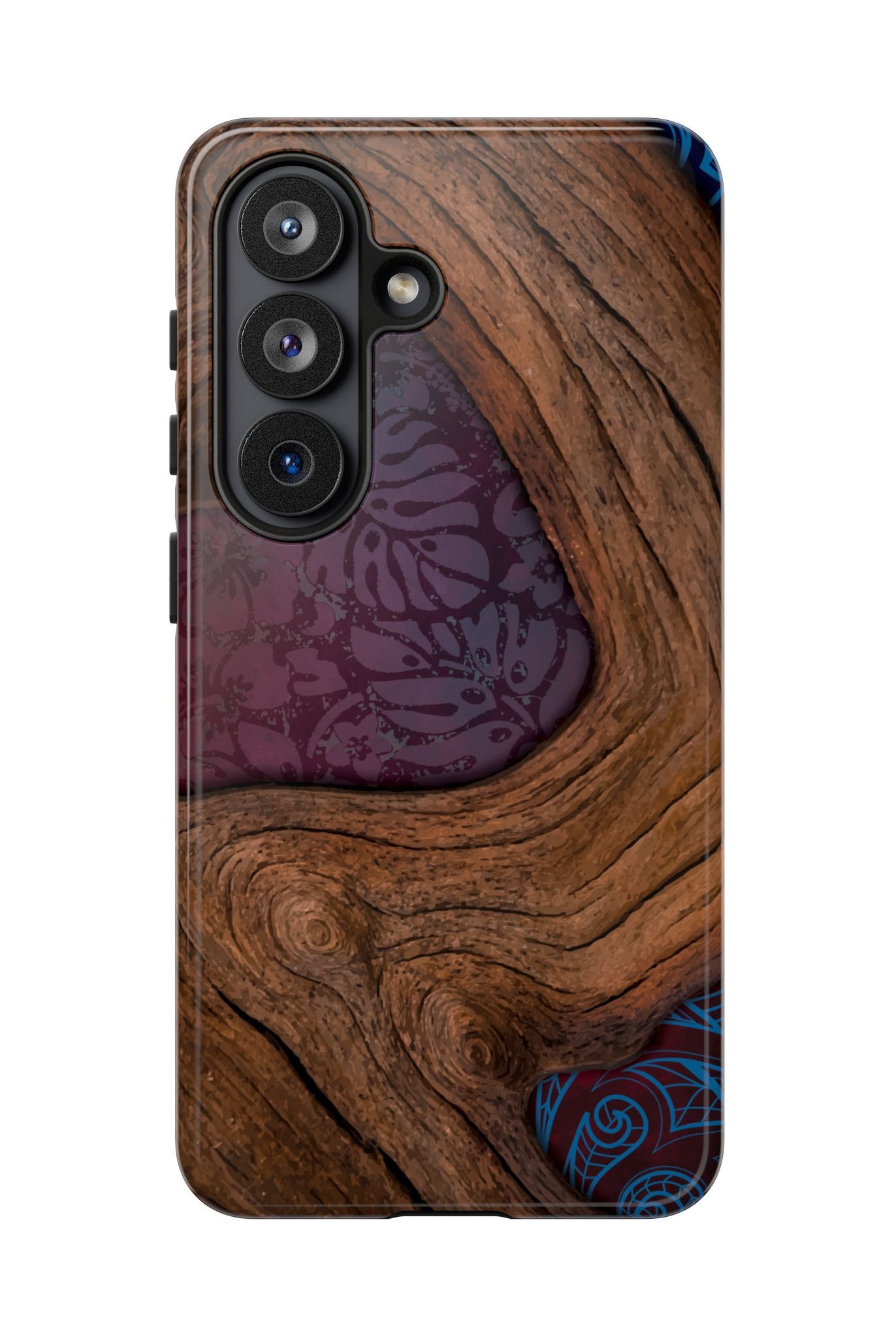 Woman holding Rooted Tough Samsung Galaxy Case - Hawaiian Koa Wood Island Strength Tribal Design - The Local Banyan