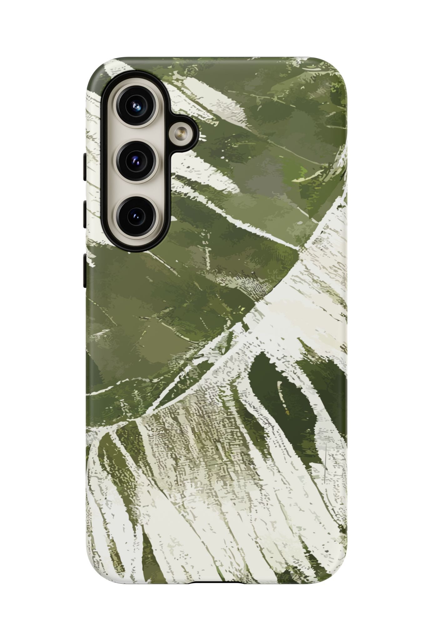 Woman holding Island Breeze Tough Samsung Galaxy Case - Hawaiian Palm Leaf Olive Green Botanical Design - The Local Banyan