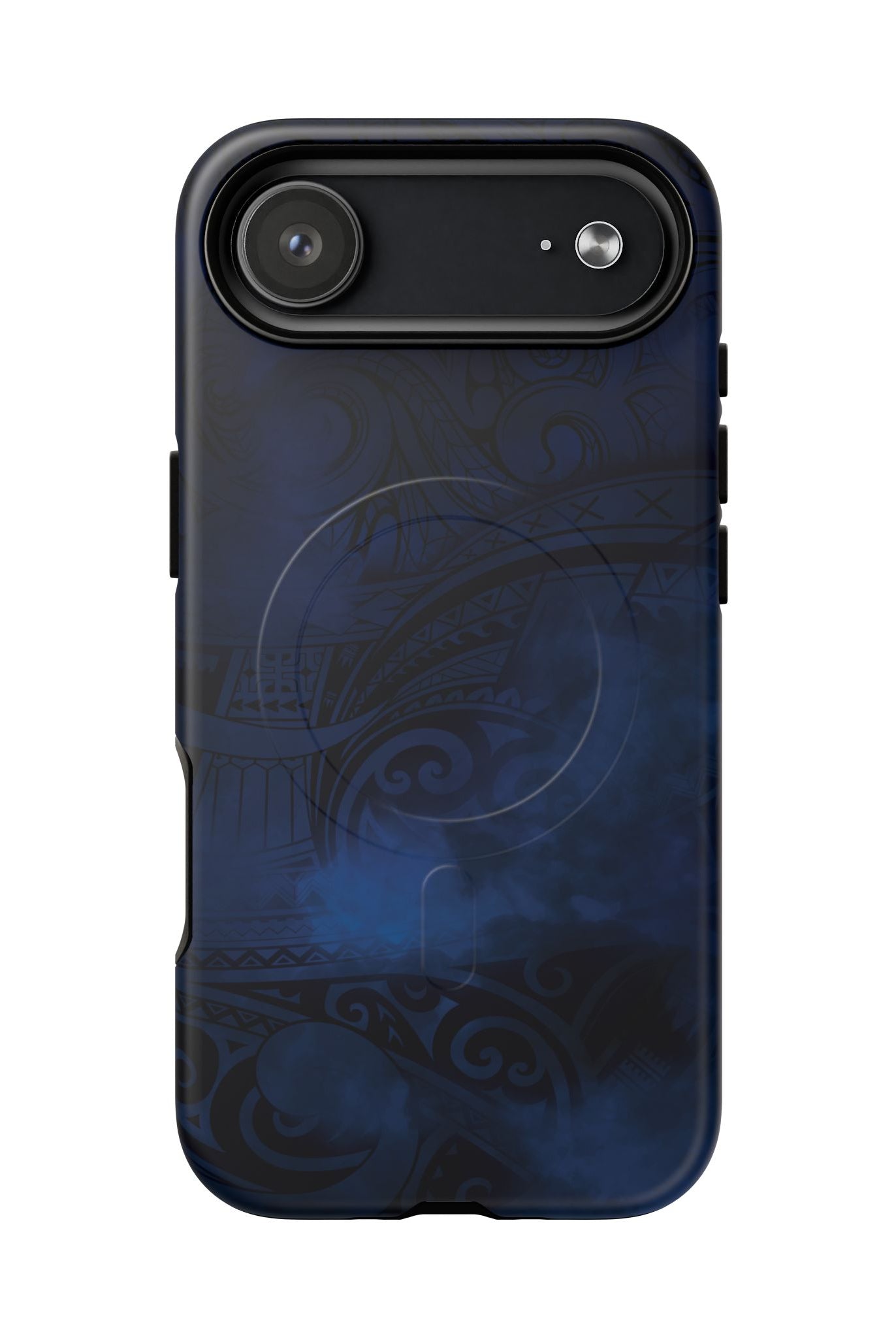 Woman holding Midnight Essence MagSafe iPhone Case - Hawaiian Midnight Navy Polynesian Tribal Design - The Local Banyan