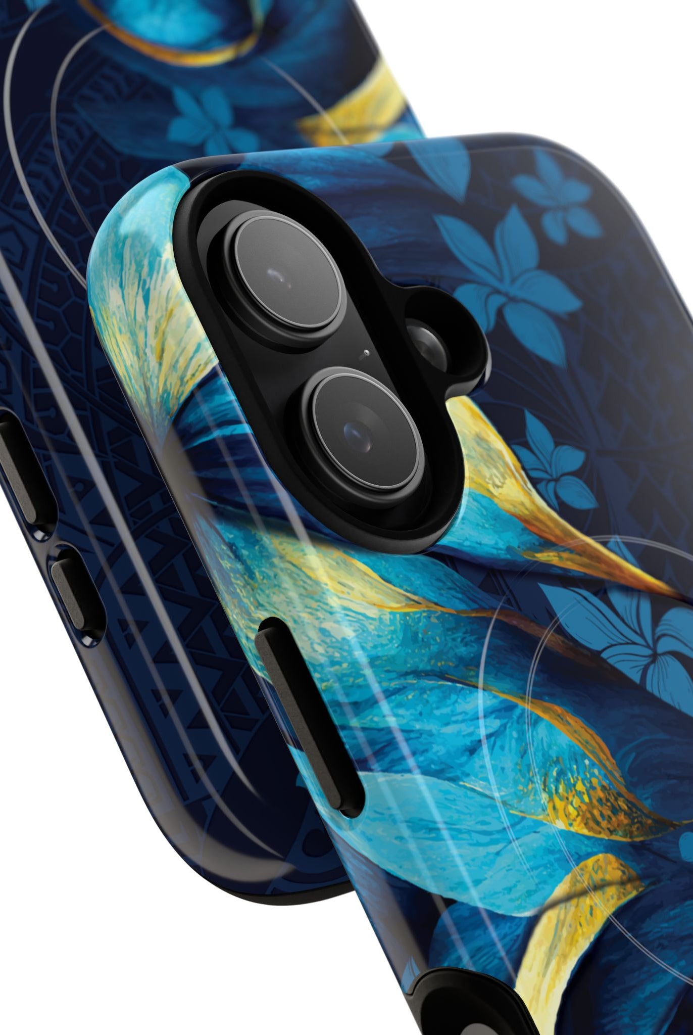 Po Mahina MagSafe iPhone Case Detail View - Hawaiian Moonlit Teal Gold Floral Design Close Up - The Local Banyan