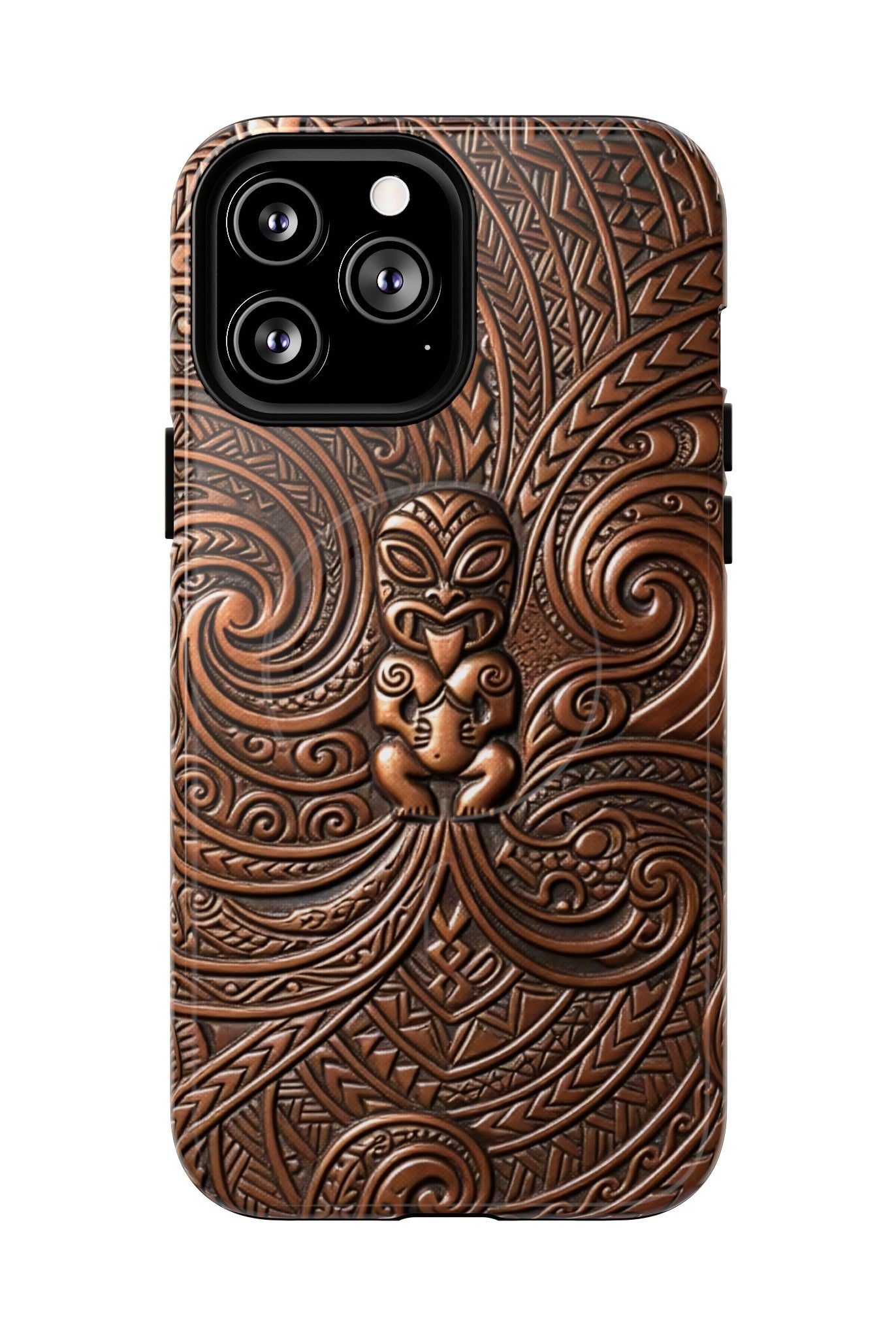 Woman holding Paa Guardian MagSafe iPhone Case - Hawaiian Copper Carved Tiki Polynesian Design - The Local Banyan