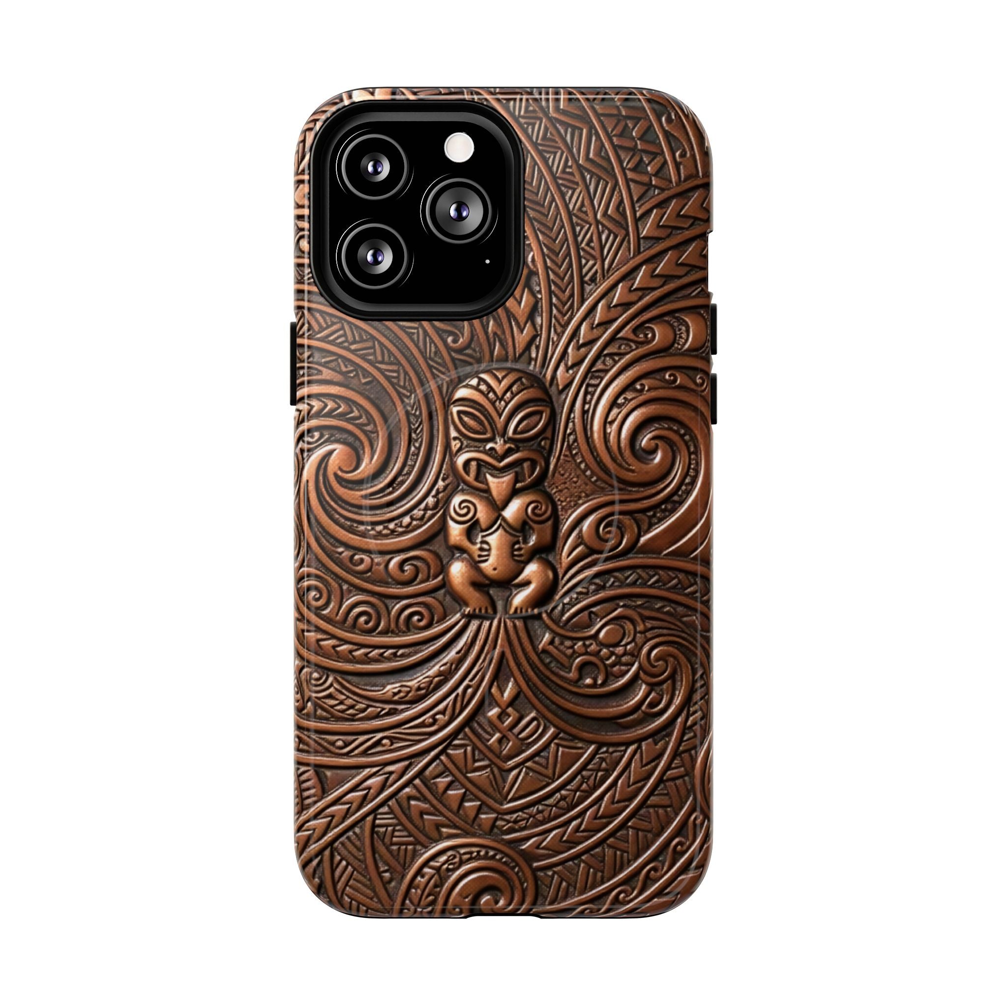 Woman holding Paa Guardian MagSafe iPhone Case - Hawaiian Copper Carved Tiki Polynesian Design - The Local Banyan