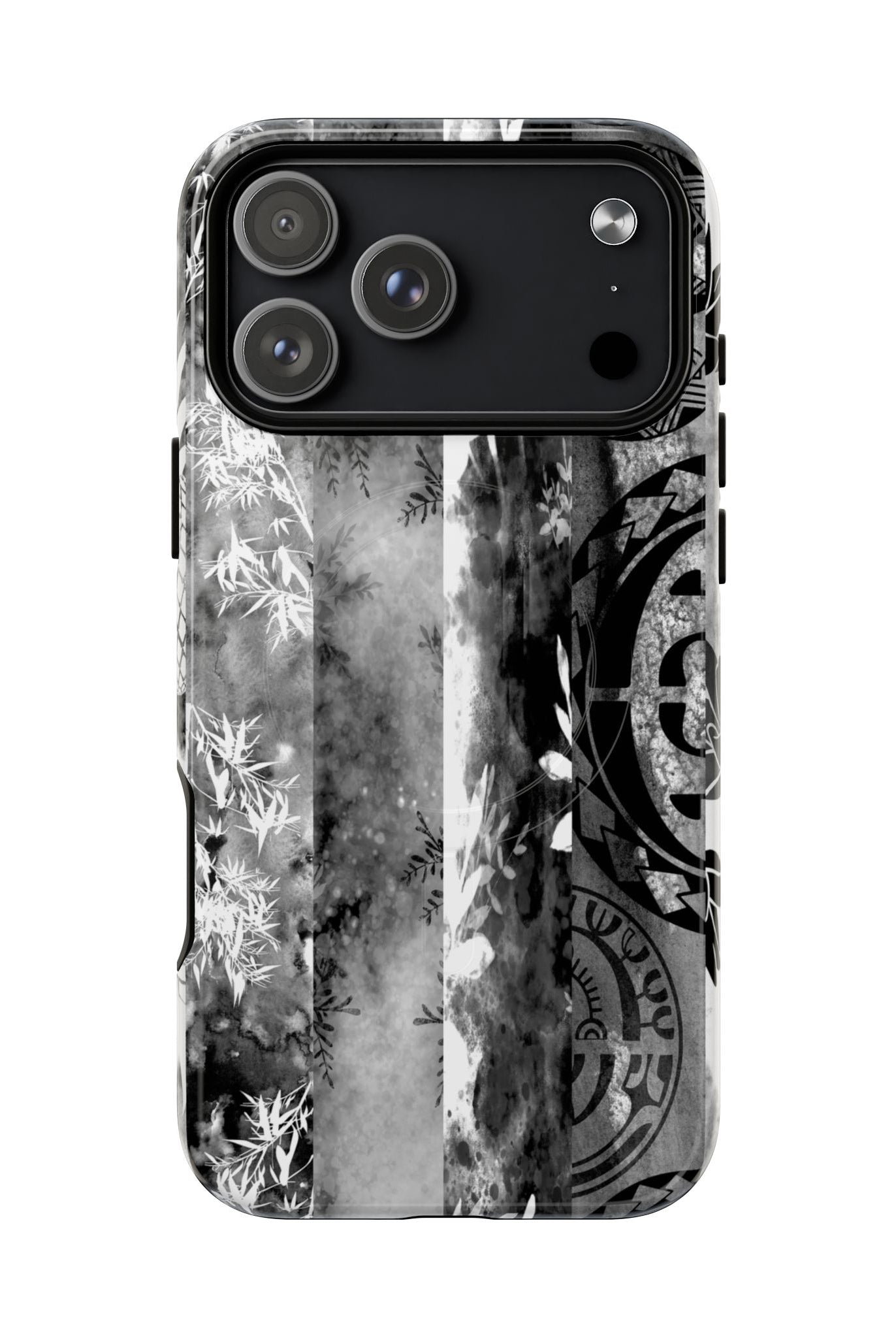 Woman holding Monochrome Oasis MagSafe iPhone Case - Hawaiian Black White Botanical Tribal Design - The Local Banyan