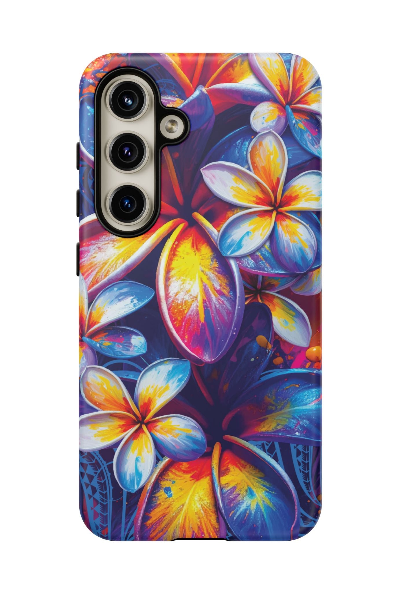 Woman holding Sunset Ink Tough Samsung Galaxy Case - Hawaiian Plumeria Street Art Graffiti Tropical Design - The Local Banyan