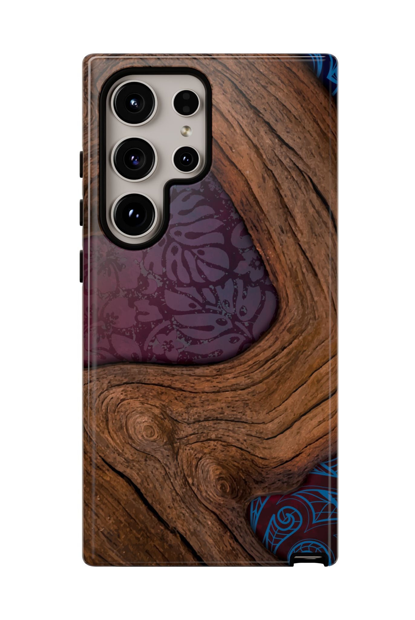 Rooted Tough Samsung Galaxy Case Detail View - Hawaiian Koa Wood Island Strength Tribal Design Close Up - The Local Banyan