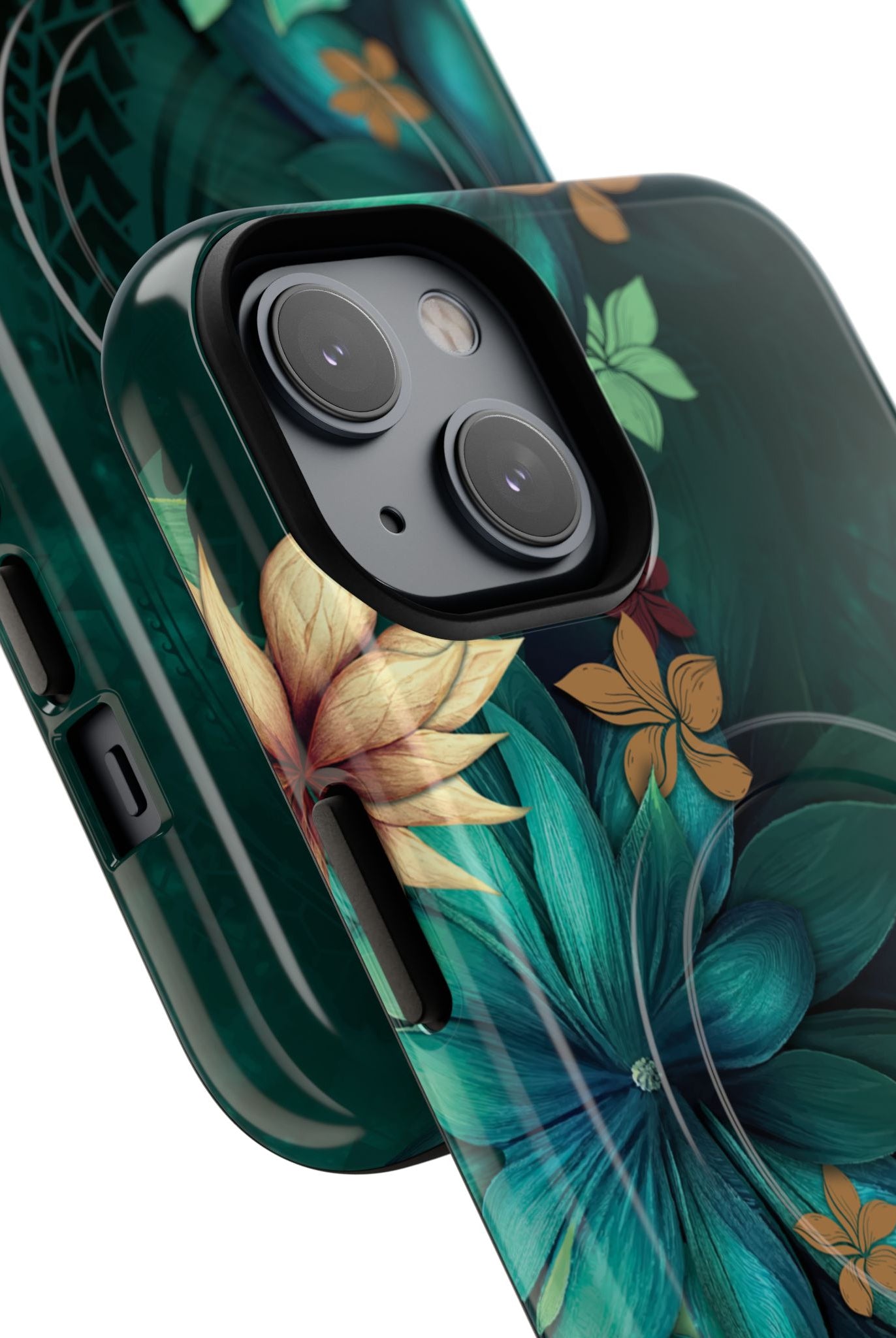 Aloha Whispers MagSafe iPhone Case Detail View - Hawaiian Abstract Green Floral Polynesian Design Close Up - The Local Banyan