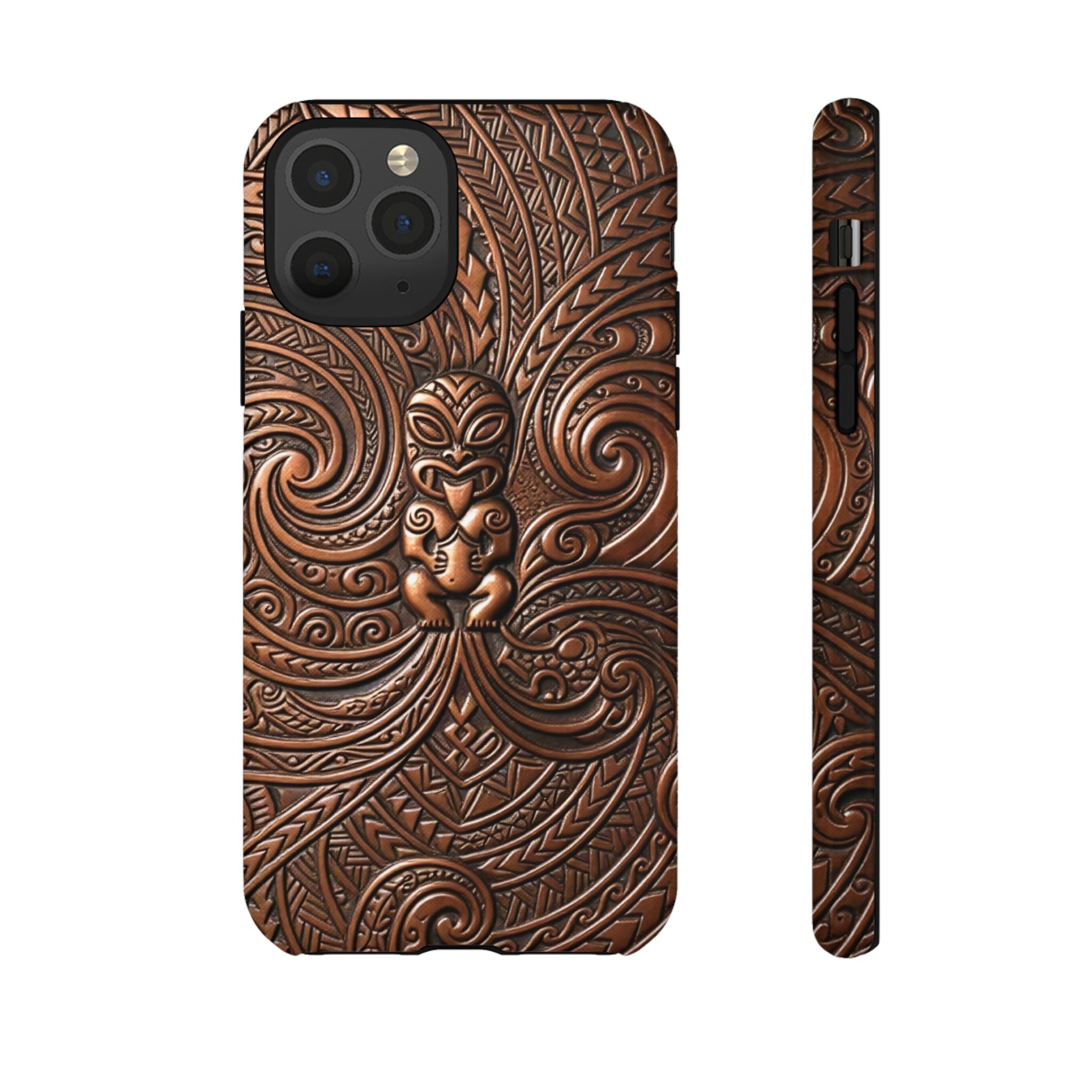 Woman holding Paa Guardian Tough iPhone Case - Hawaiian Copper Carved Tiki Polynesian Design - The Local Banyan
